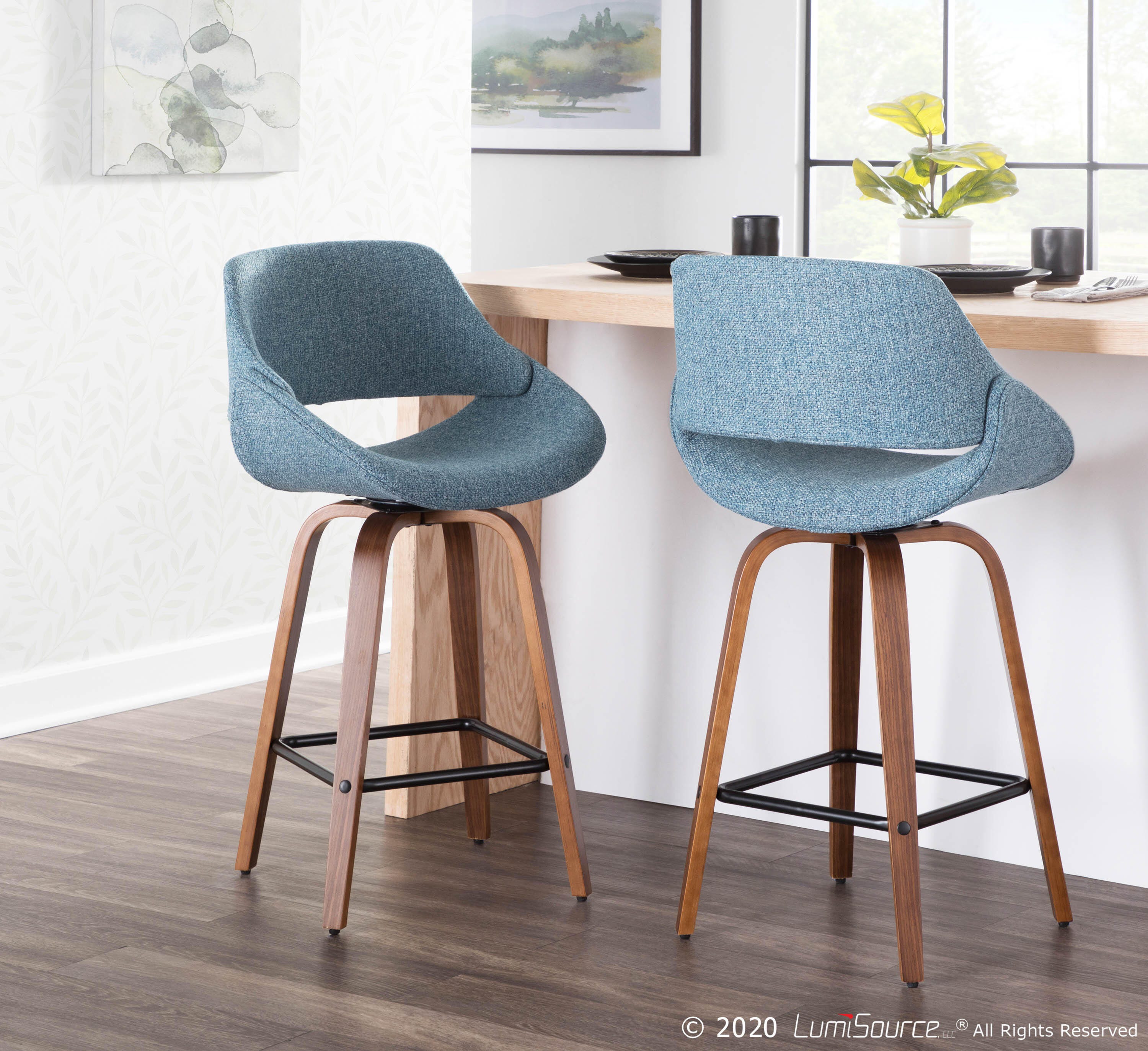 LumiSource Fabrico Counter Stool - Set of 2, Walnut/Blue/Black, large