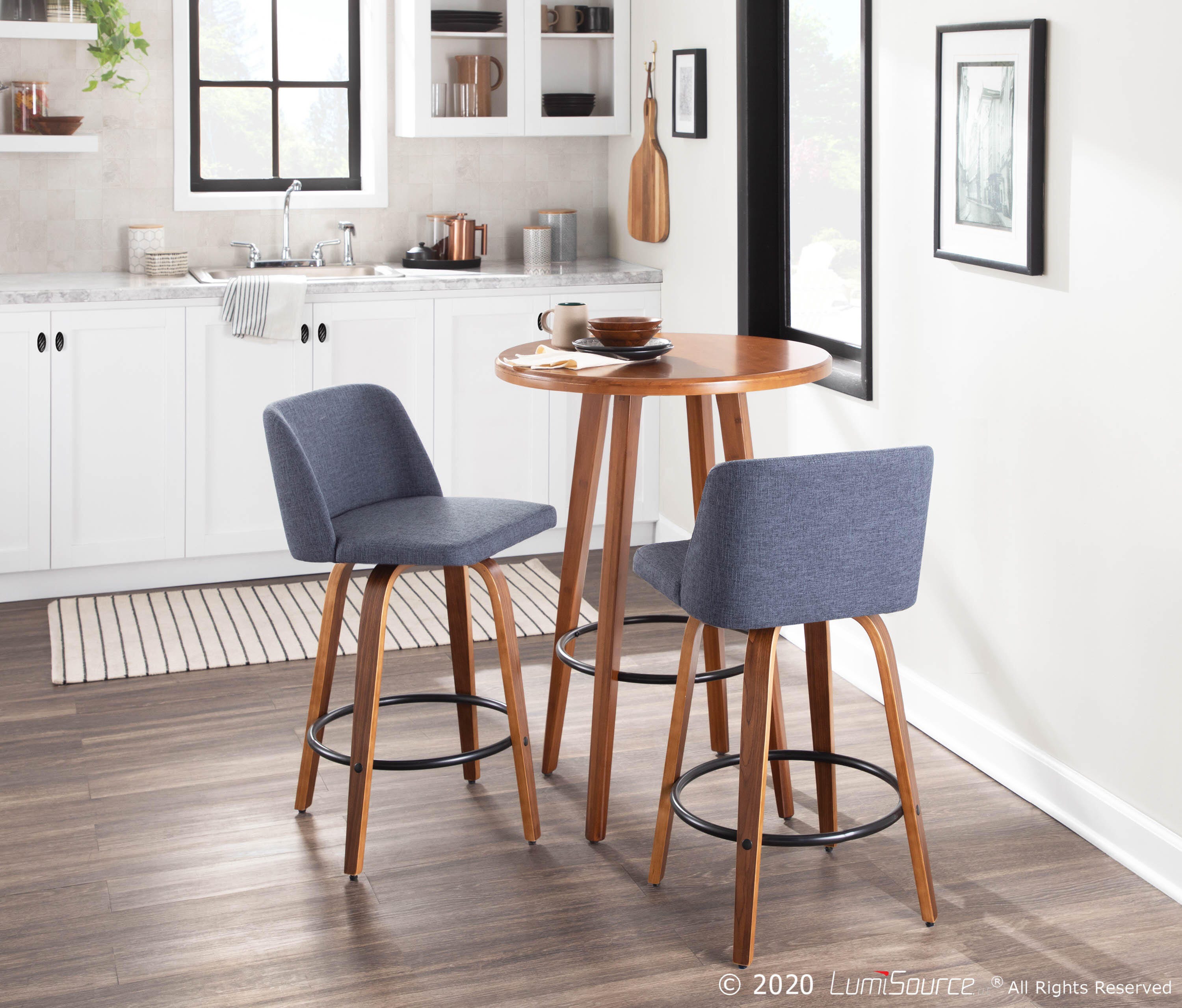 LumiSource Toriano Counter Stool - Set of 2, Walnut/Blue/Black, large