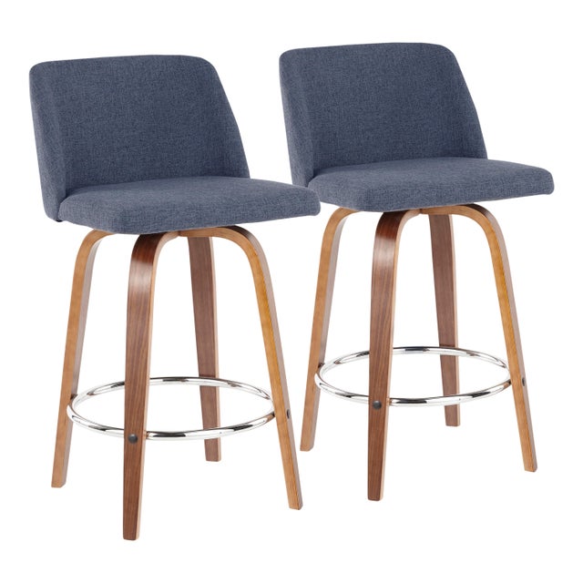 LumiSource Toriano Counter Height Bar Stool (Set of 2), Walnut/Blue/Chrome