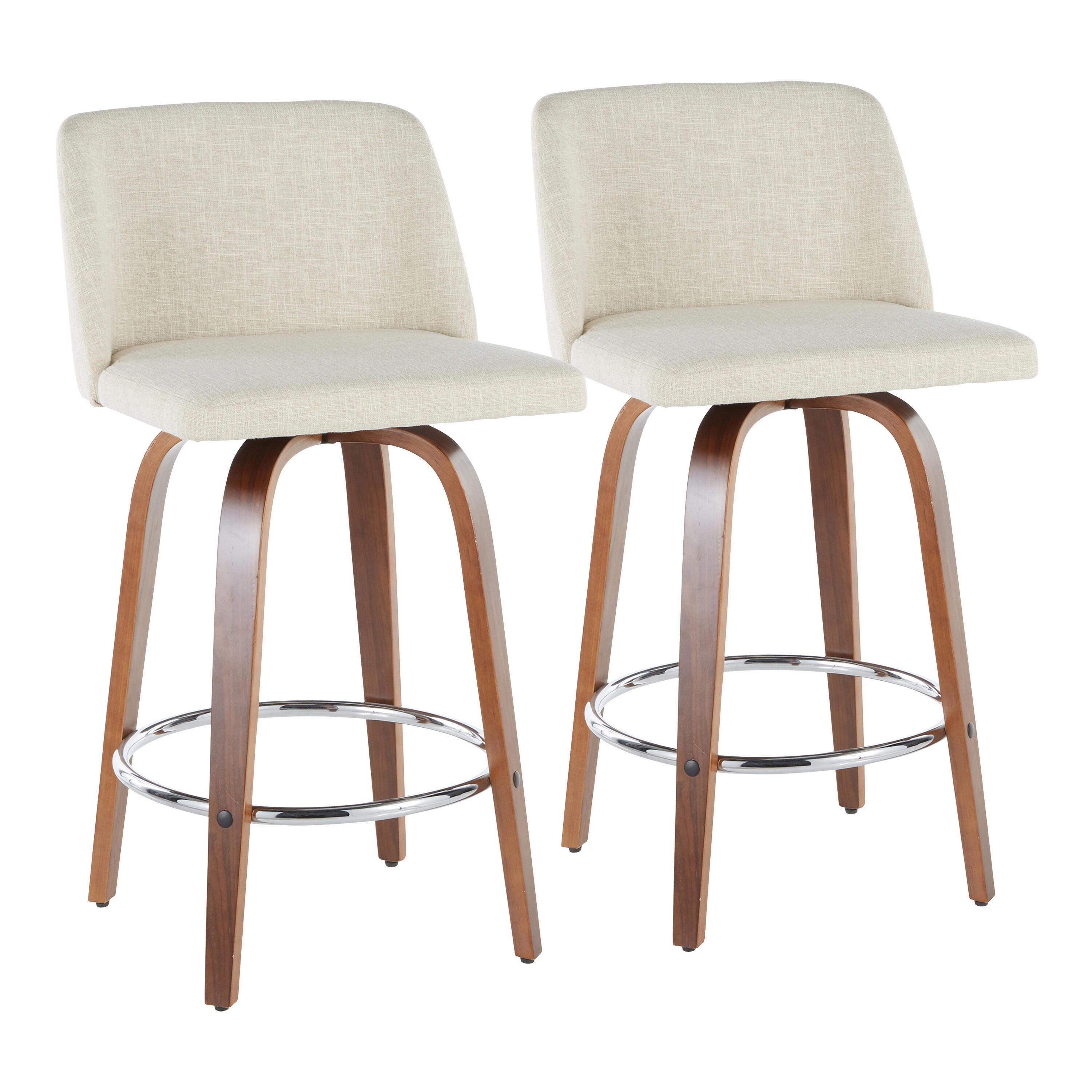 LumiSource Toriano Counter Stool - Set of 2, Walnut/Cream/Chrome, large