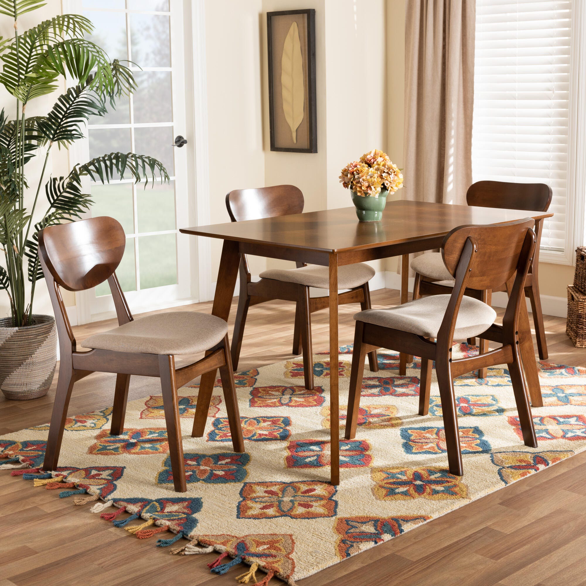 Baxton Studio Katya Upholstered 5-Piece Dining Set, Sand/Walnut Brown, large