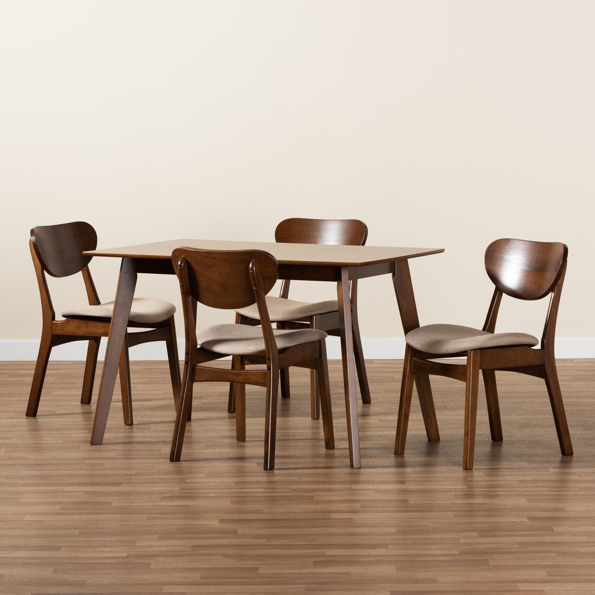 Baxton Studio Katya Upholstered 5-Piece Dining Set, Sand/Walnut Brown, large