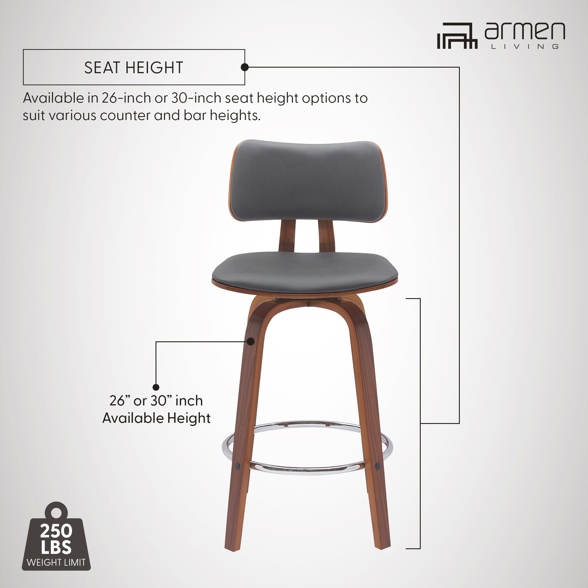 Pico Swivel Bar Stool, Gray/Walnut/Chrome, large