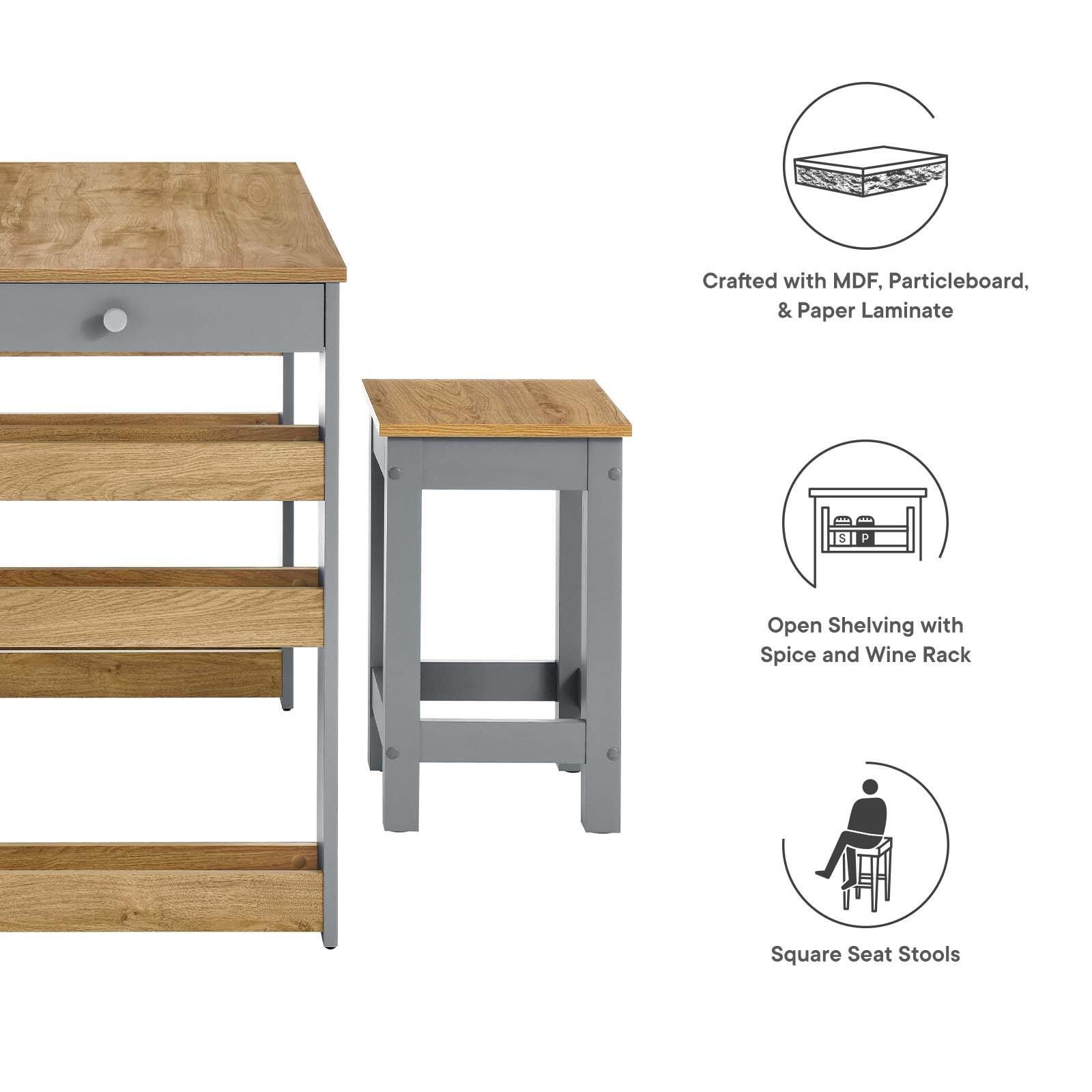 Galley 3-Piece Kitchen Island and Stool Set, , large