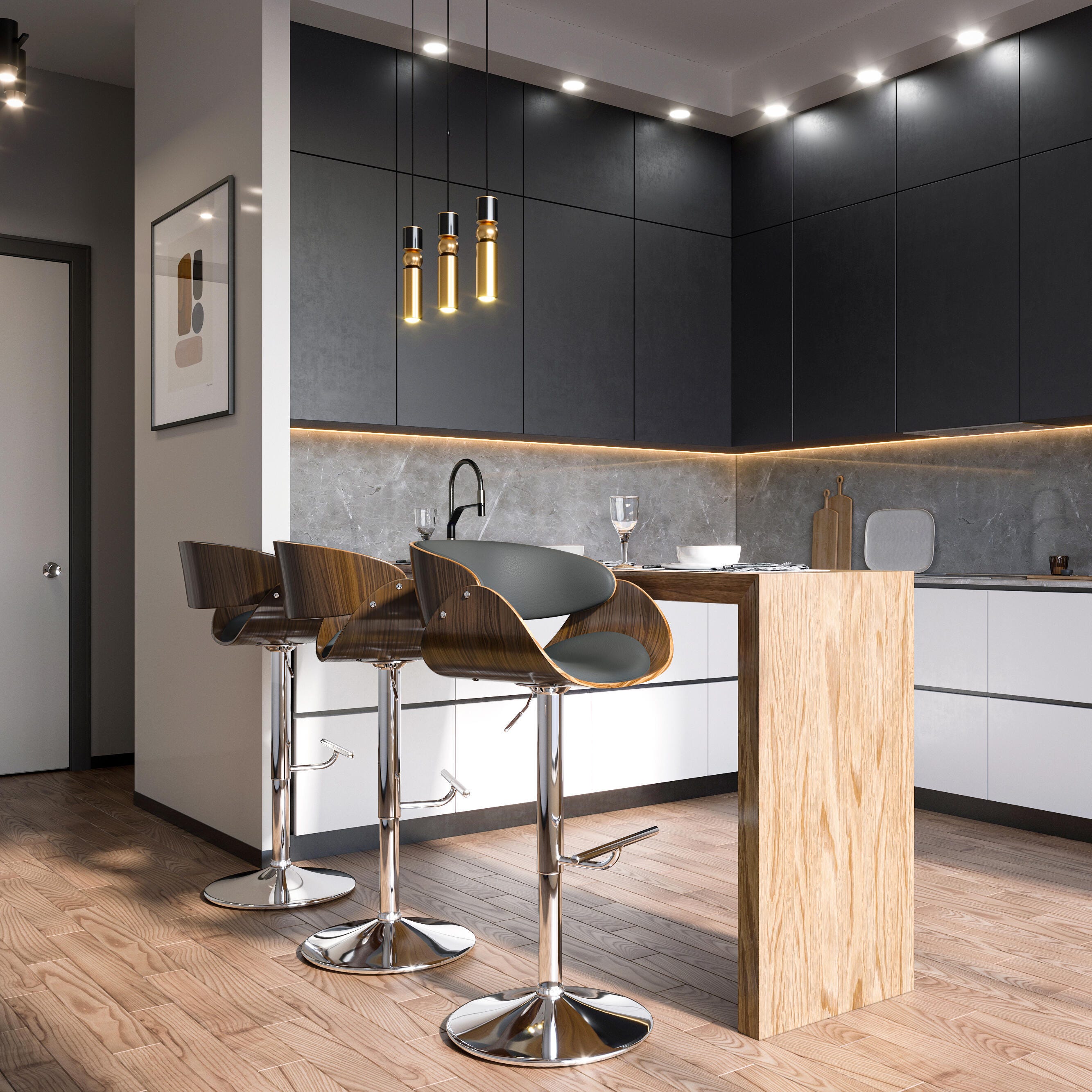 Simpli Home Amery Adjustable Swivel Bar Stool, Charcoal Gray, rollover