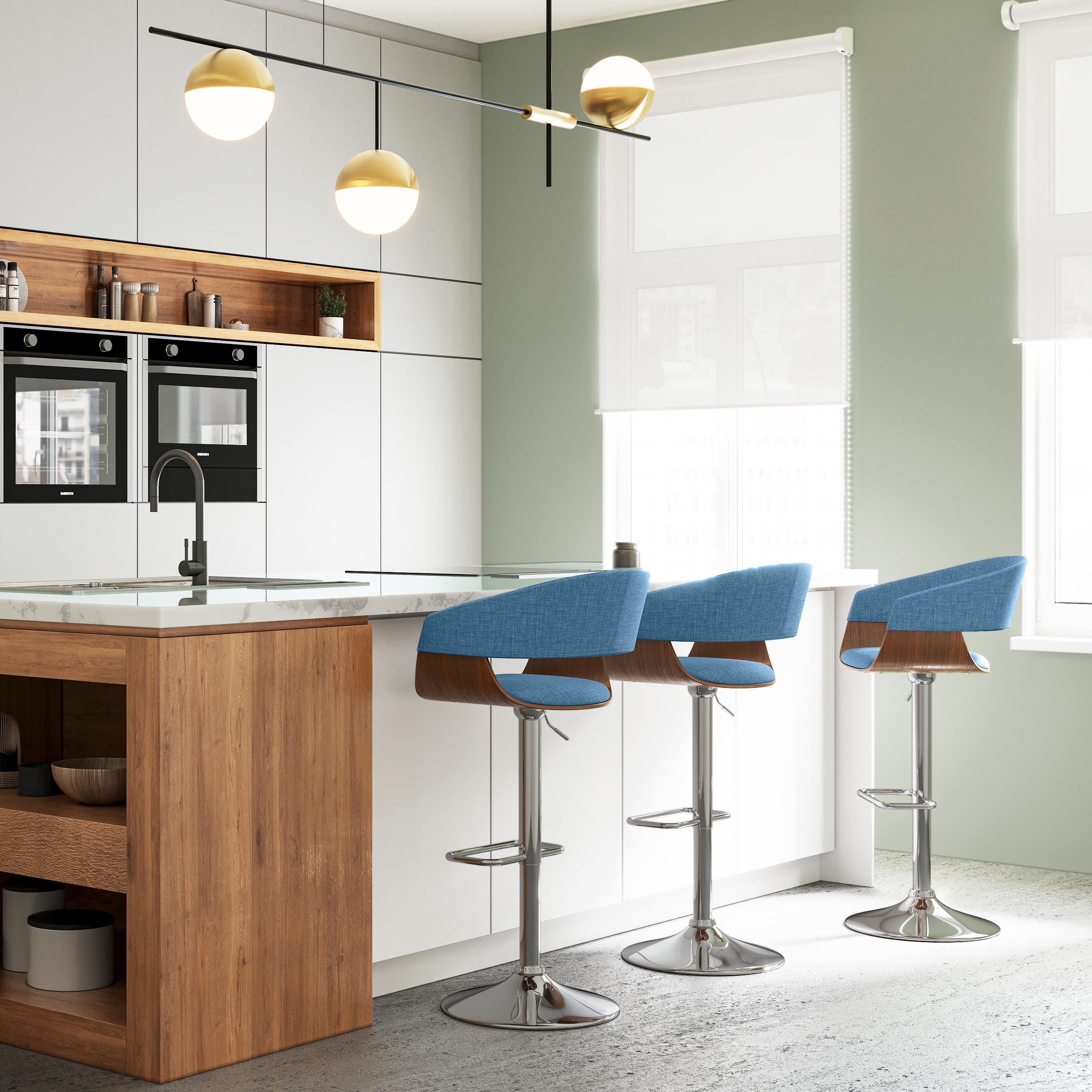 Simpli Home Lowell Adjustable Swivel Bar Stool, Blue, rollover