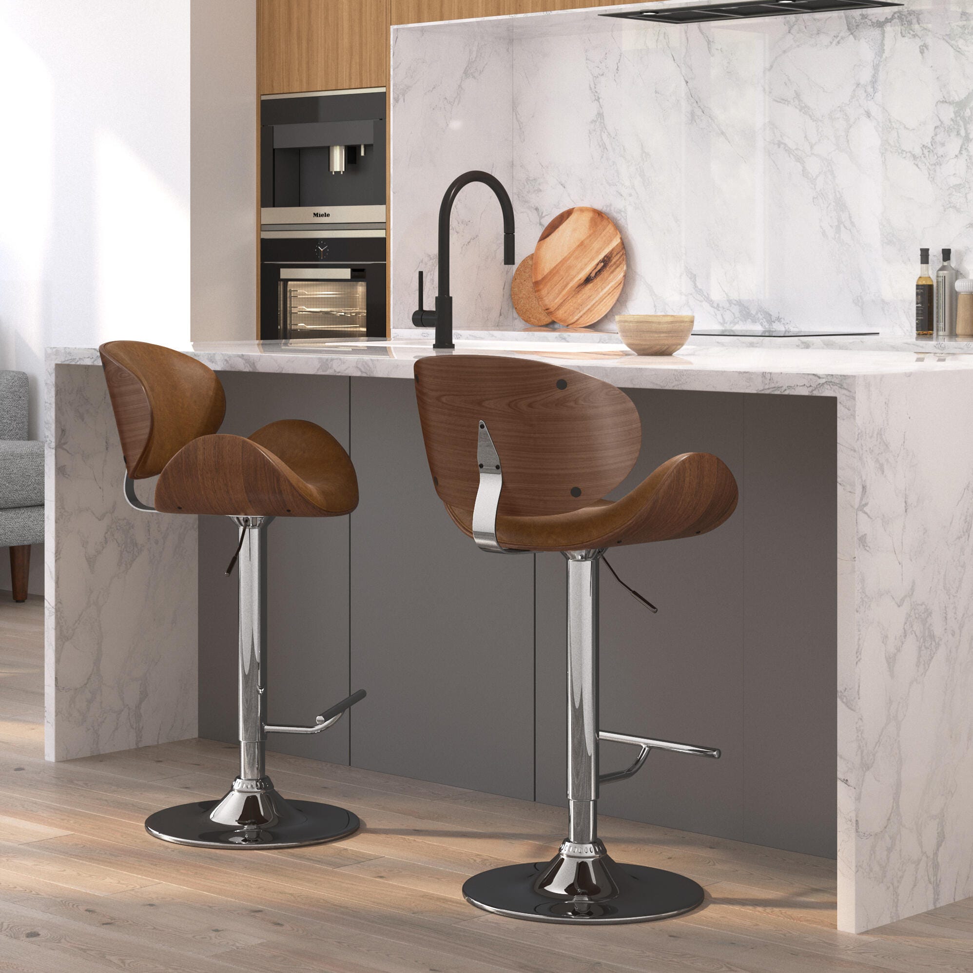 Simpli Home Marana Adjustable Swivel Bar Stool, Deep Tan, large