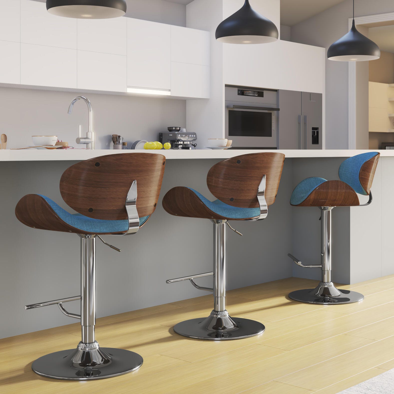 Simpli Home Marana Adjustable Swivel Bar Stool, Blue Linen, rollover