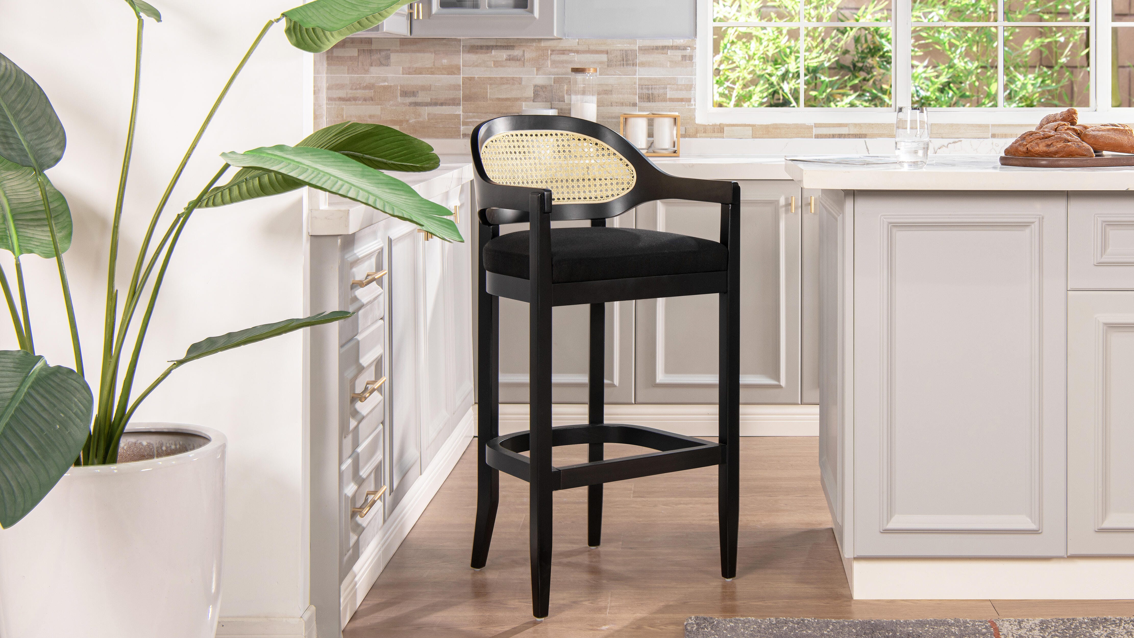 Jennifer Taylor Home Americana Cane Back Bar Height Bar Stool, Jet Black, large