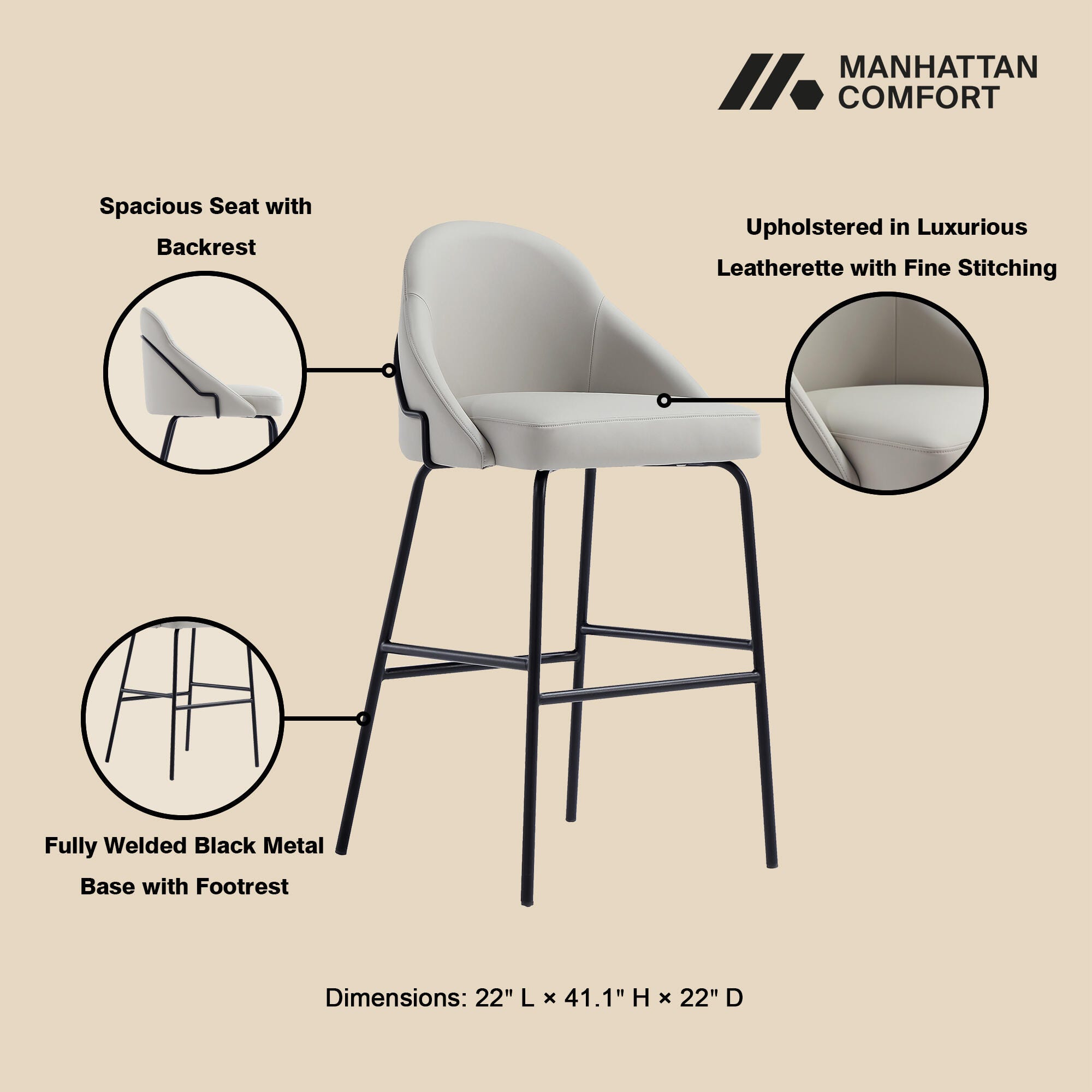 Manhattan Comfort Gracie Bar Height Bar Stool, Stone/Black, large