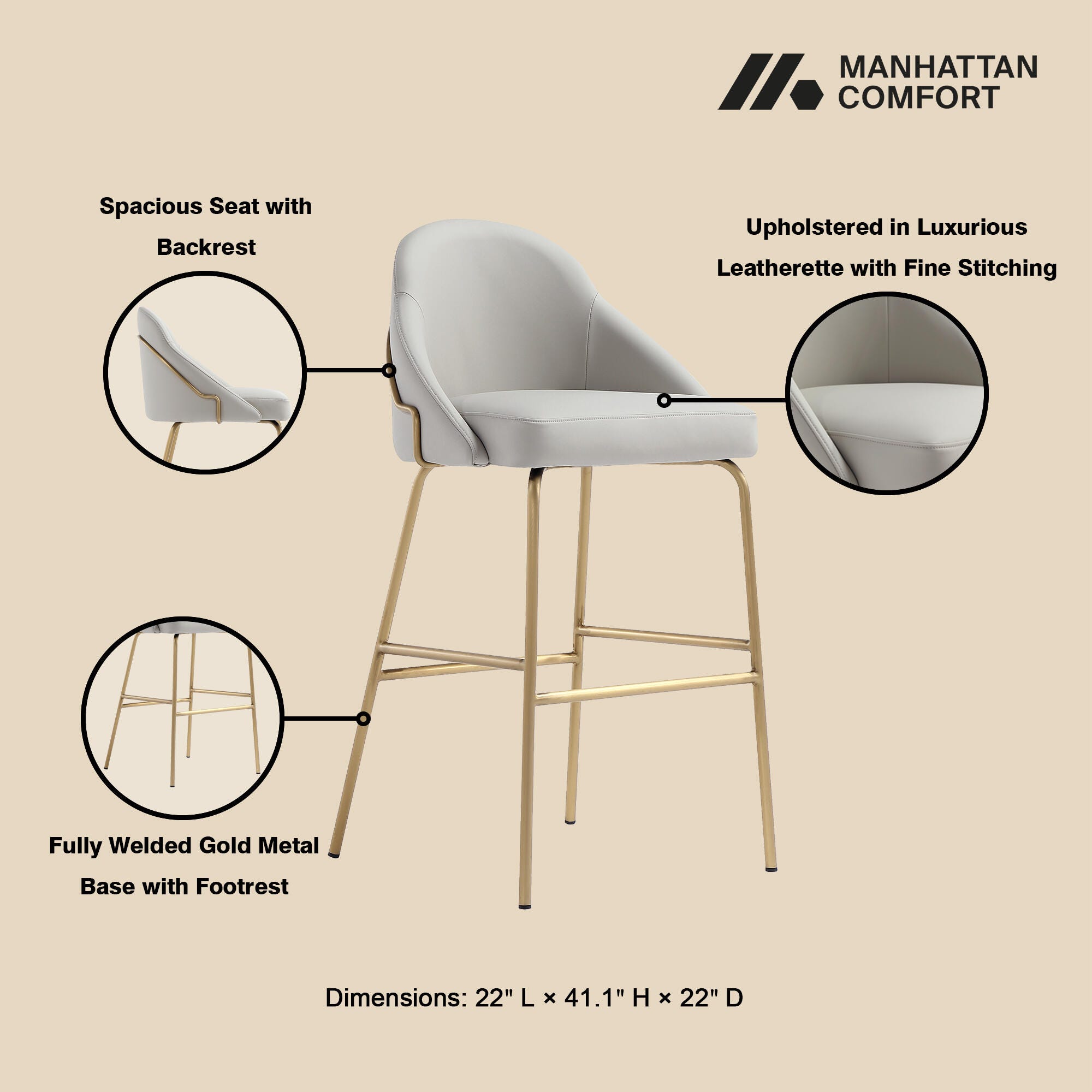 Manhattan Comfort Gracie Bar Height Bar Stool, Stone/Gold, large