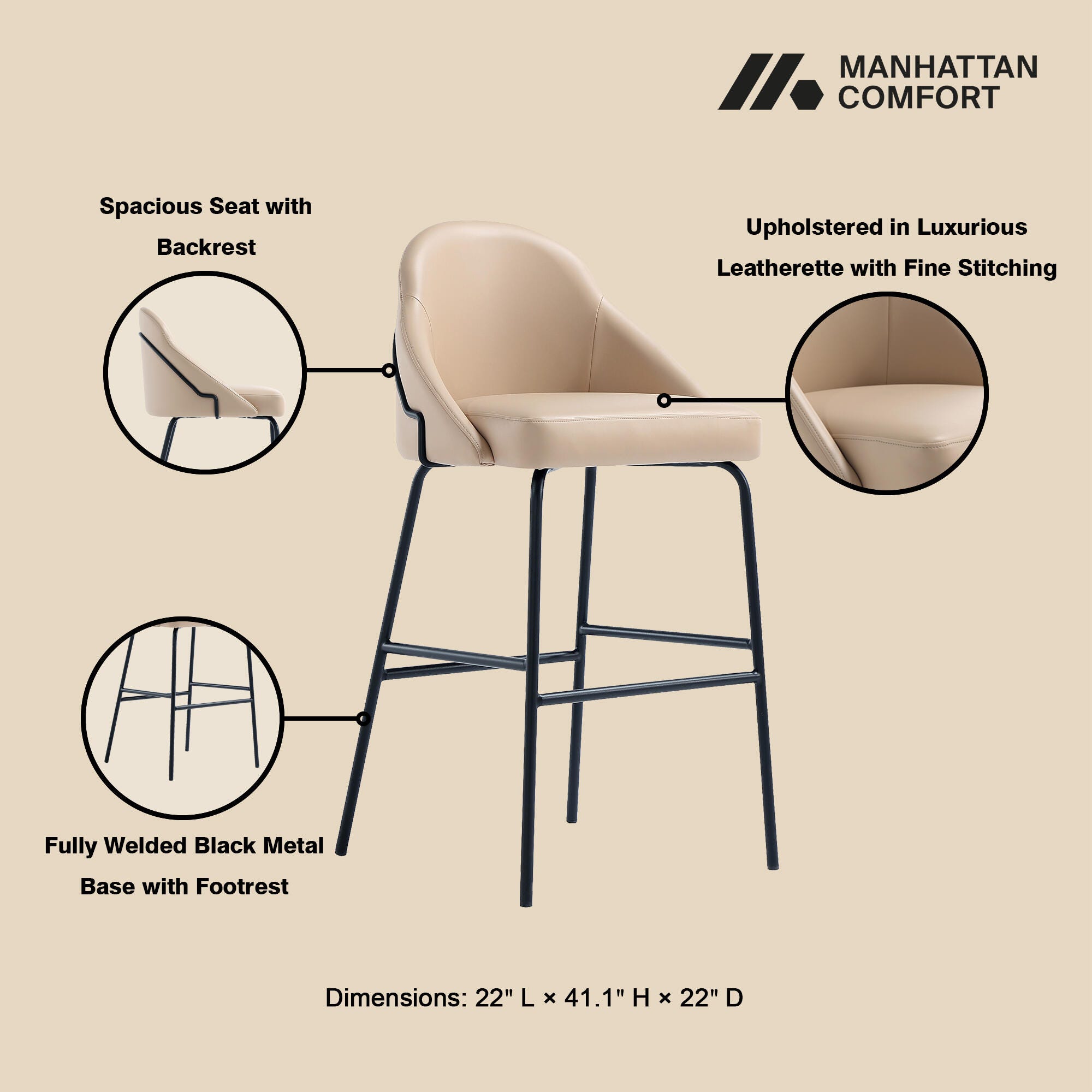 Manhattan Comfort Gracie Bar Height Bar Stool, Tan/Black, large