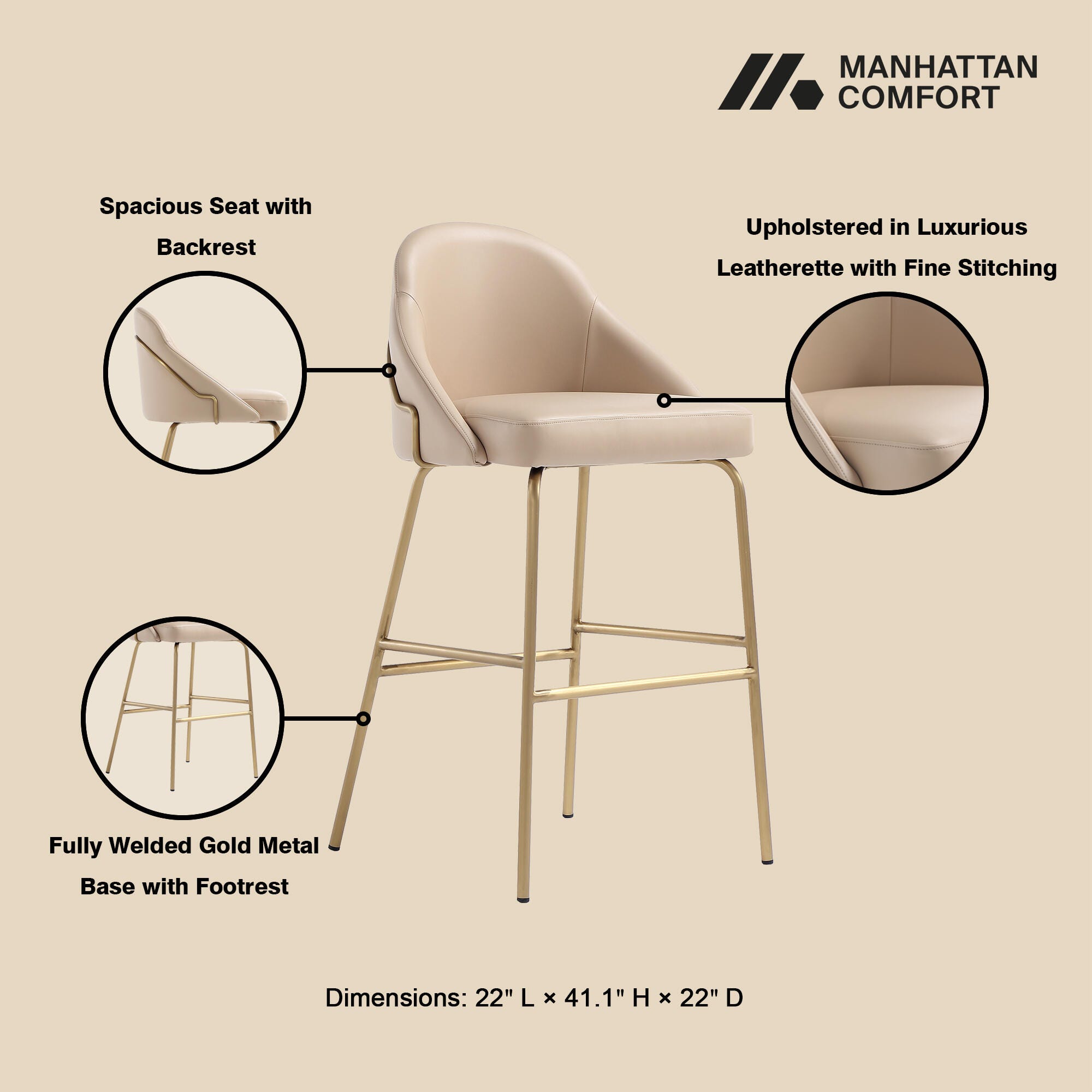 Manhattan Comfort Gracie Bar Height Bar Stool, Tan/Gold, large