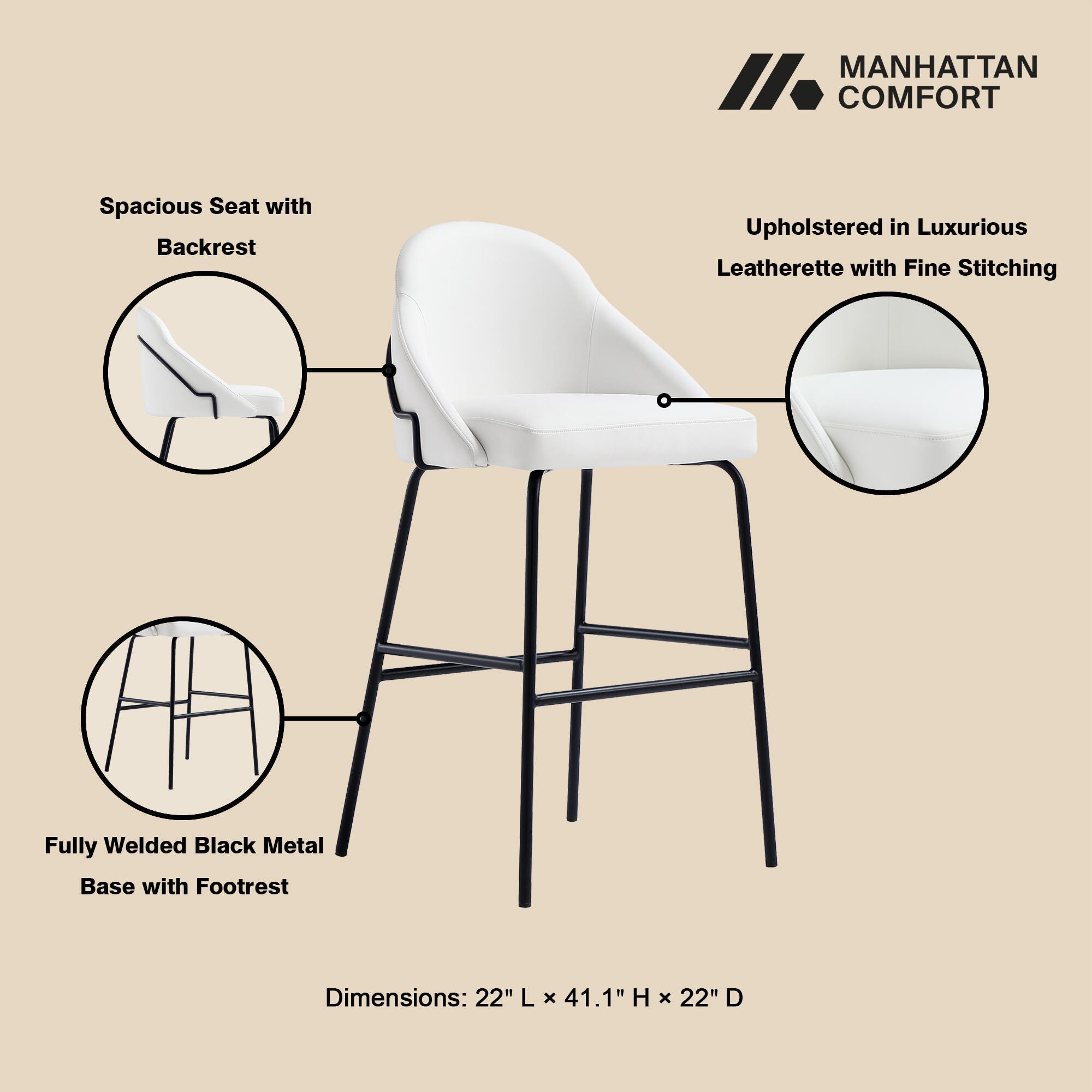 Manhattan Comfort Gracie Bar Height Bar Stool, White/Black, large