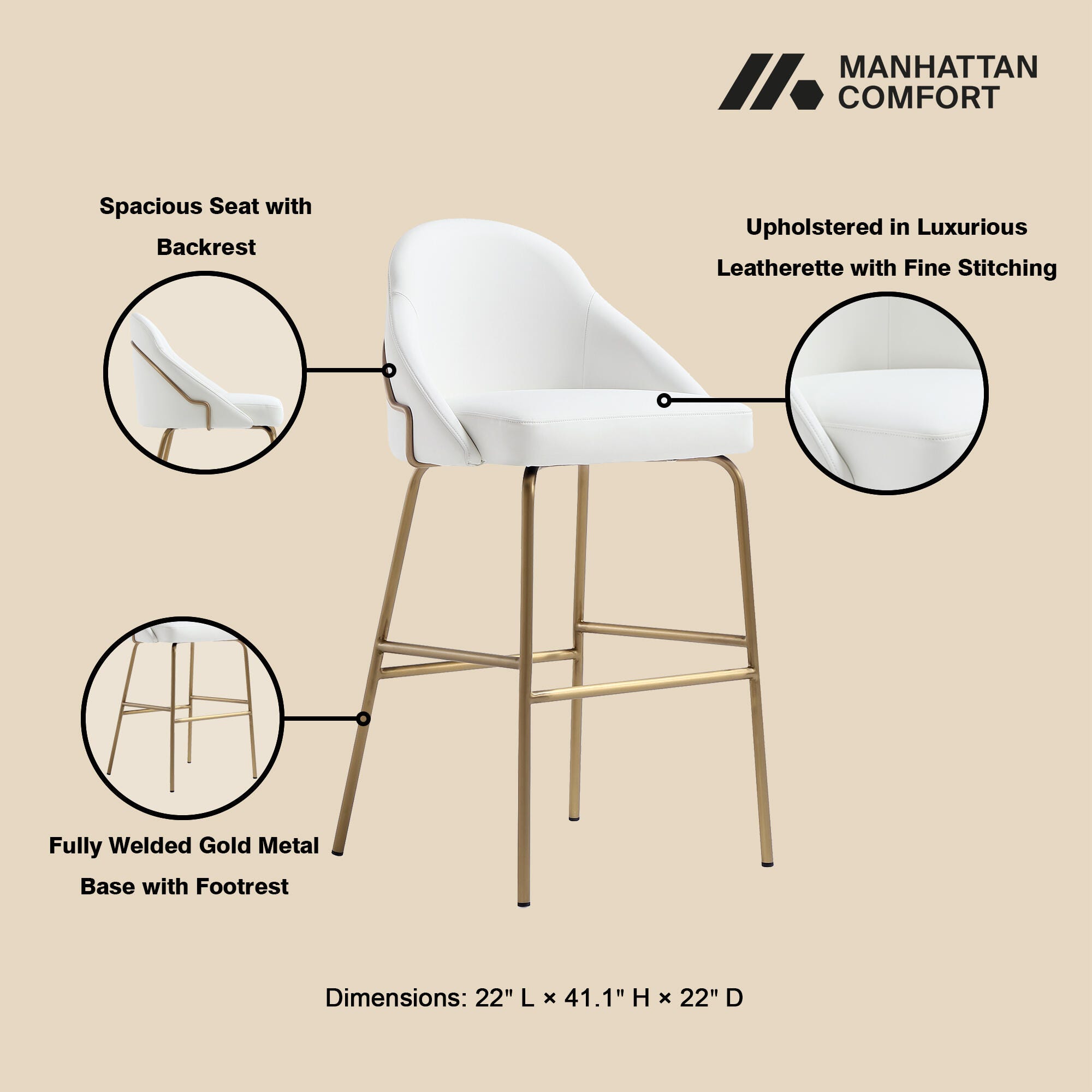 Manhattan Comfort Gracie Bar Height Bar Stool, White/Gold, large