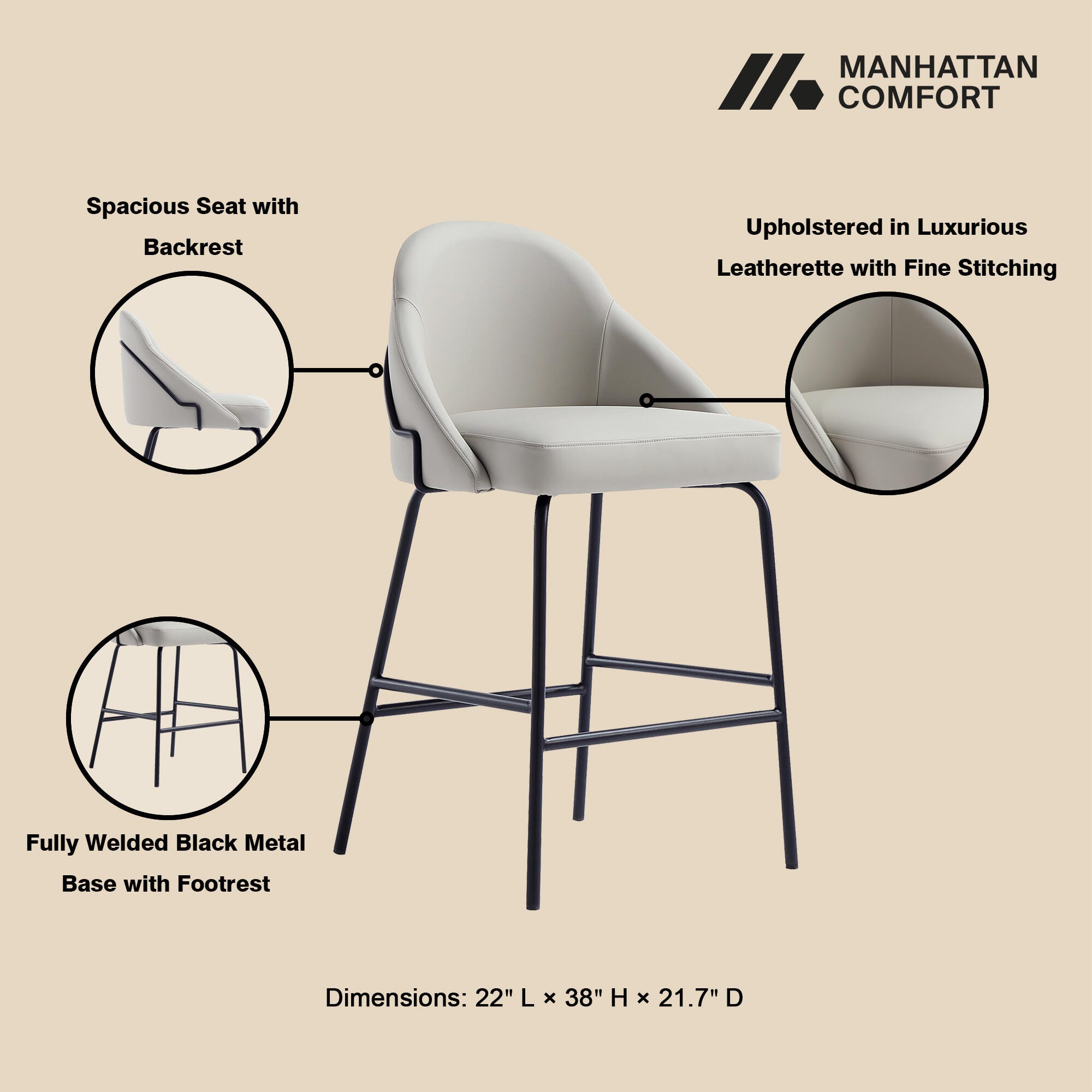 Manhattan Comfort Gracie Counter Height Bar Stool, Stone/Black, large