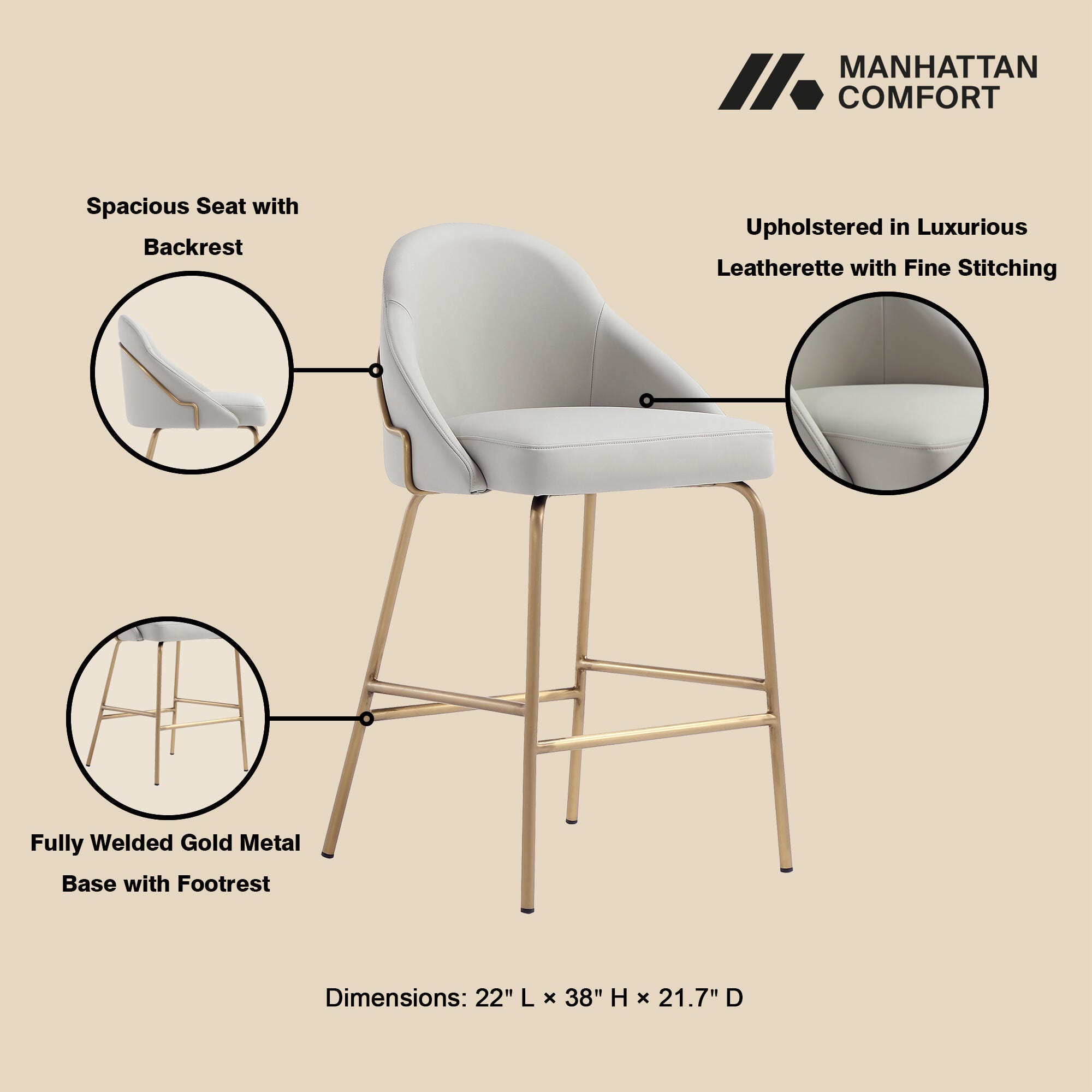 Manhattan Comfort Gracie Counter Height Bar Stool, Stone/Gold, large
