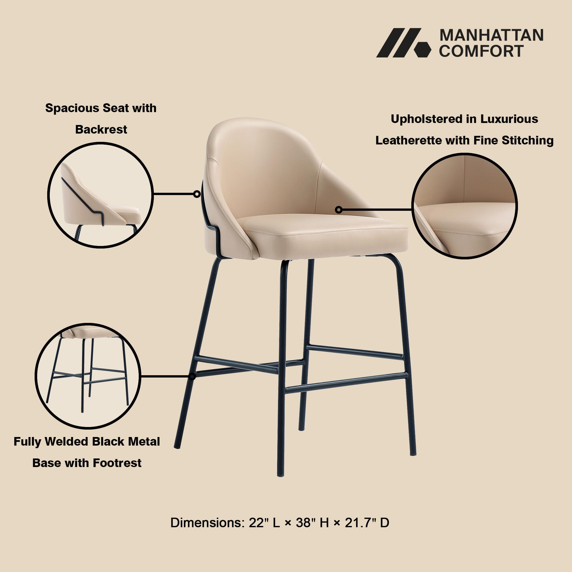 Manhattan Comfort Gracie Counter Height Bar Stool, Tan/Black, large