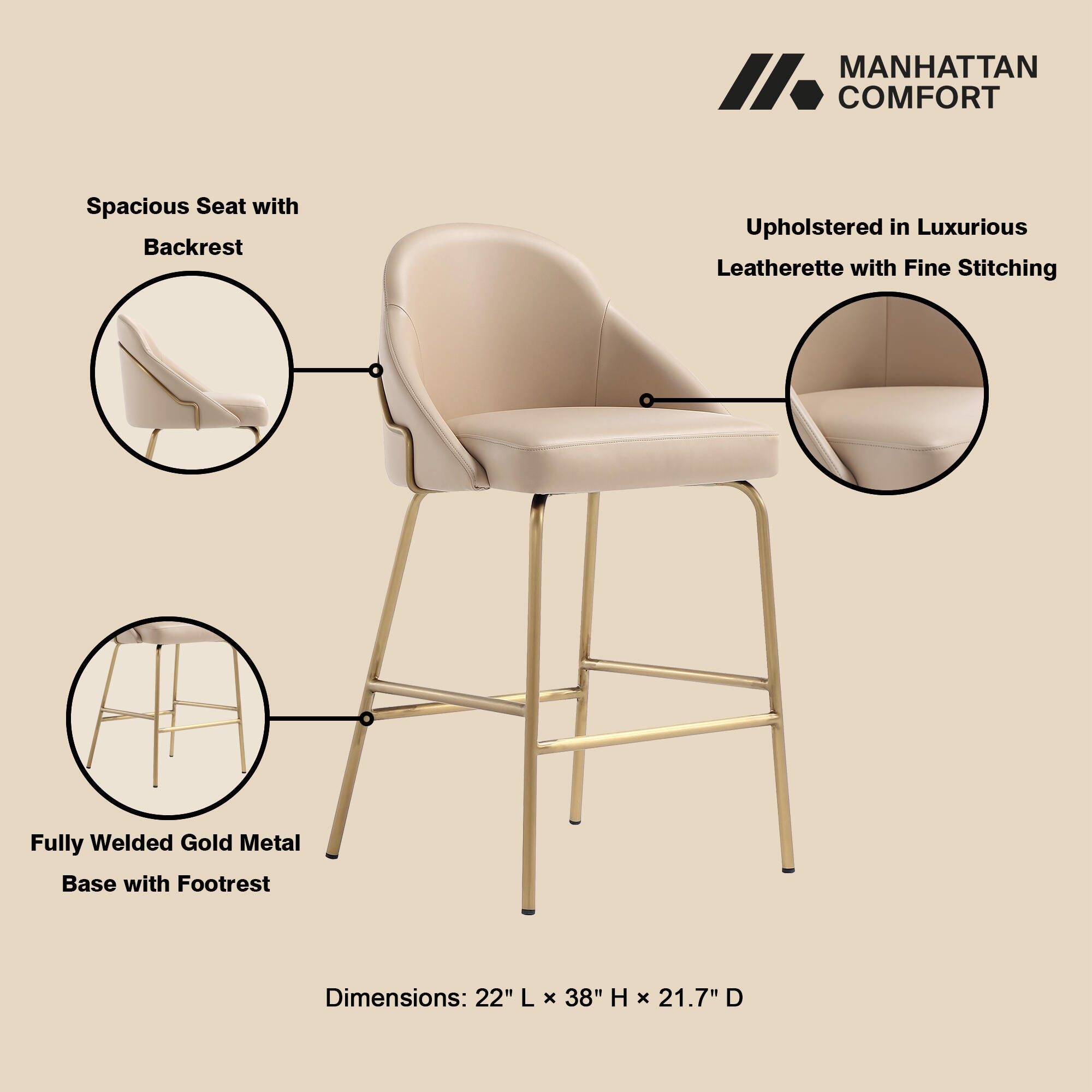 Manhattan Comfort Gracie Counter Height Bar Stool, Tan/Gold, large