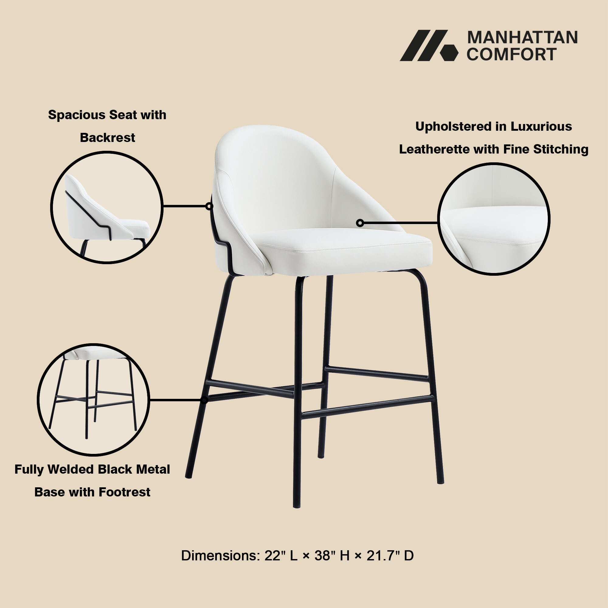 Manhattan Comfort Gracie Counter Height Bar Stool, White/Black, large