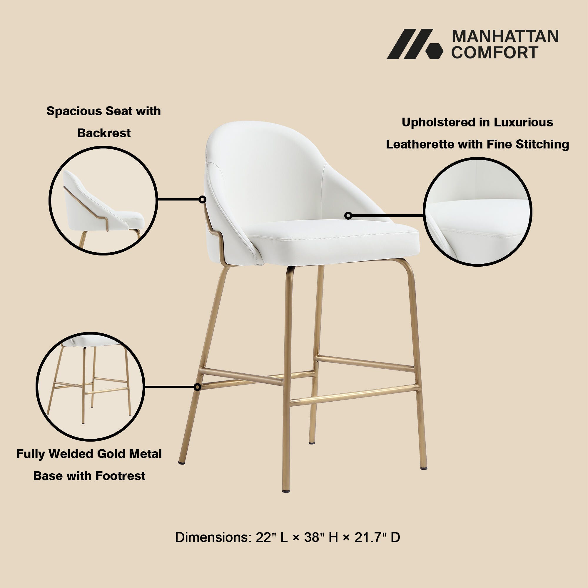 Manhattan Comfort Gracie Counter Height Bar Stool, White/Gold, large