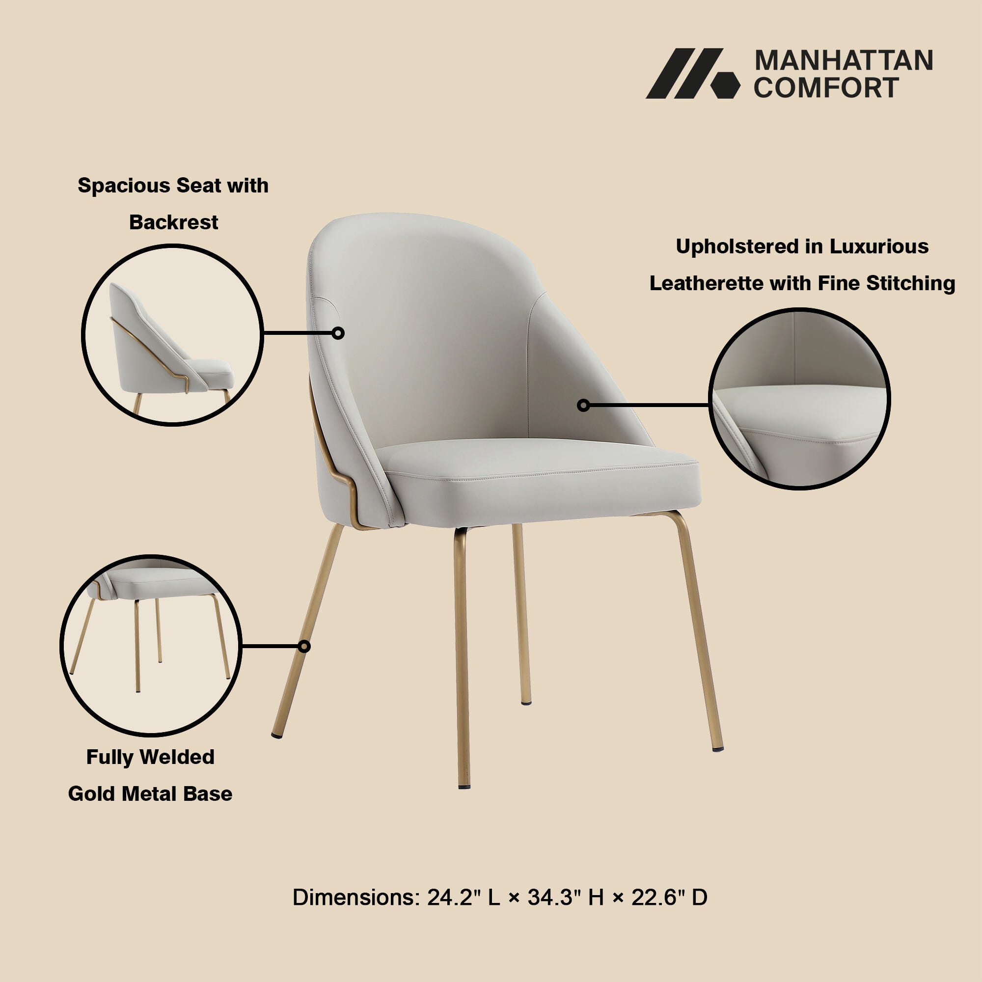 Manhattan Comfort Gracie Dining Chair, Stone/Gold, large