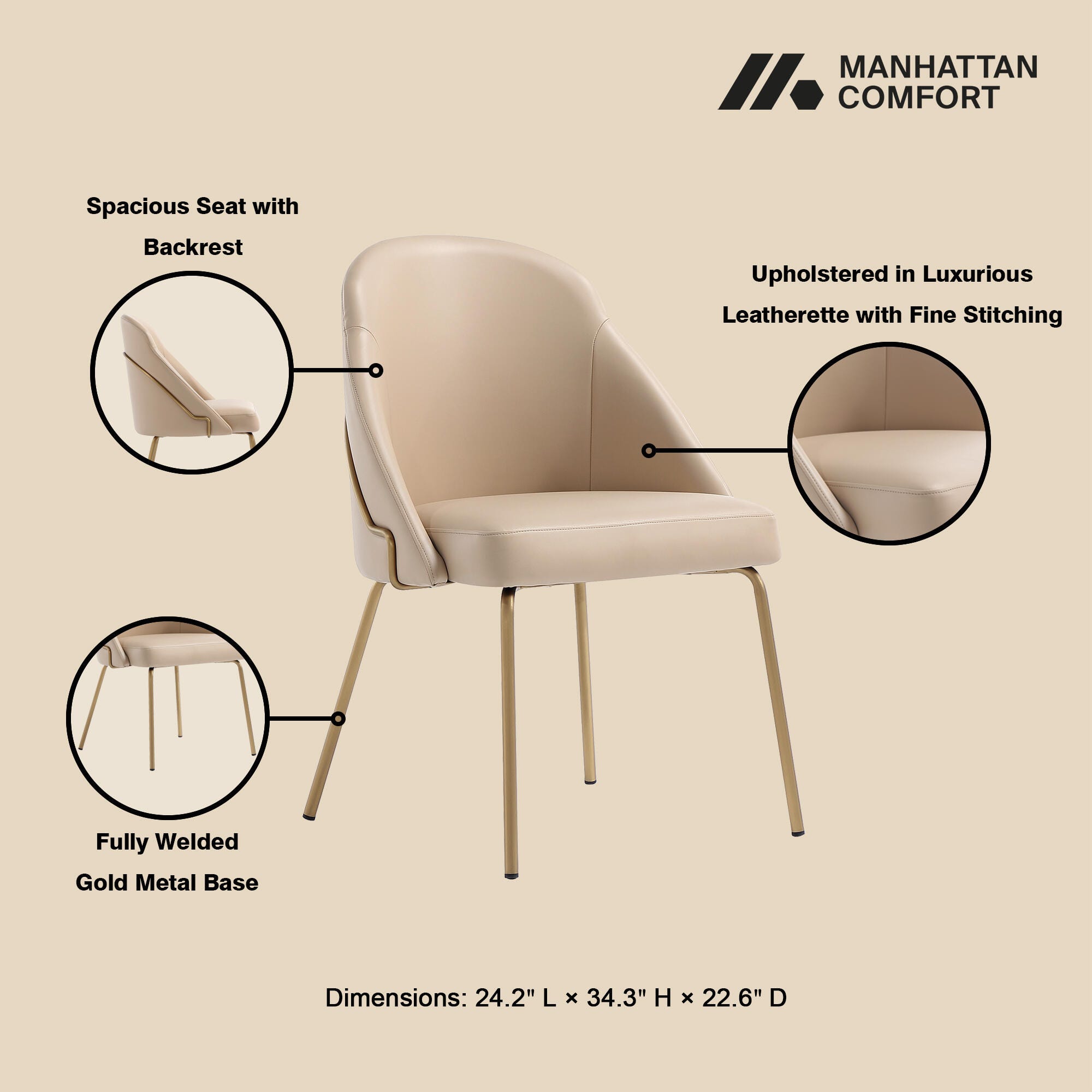 Manhattan Comfort Gracie Dining Chair, Tan/Gold, large