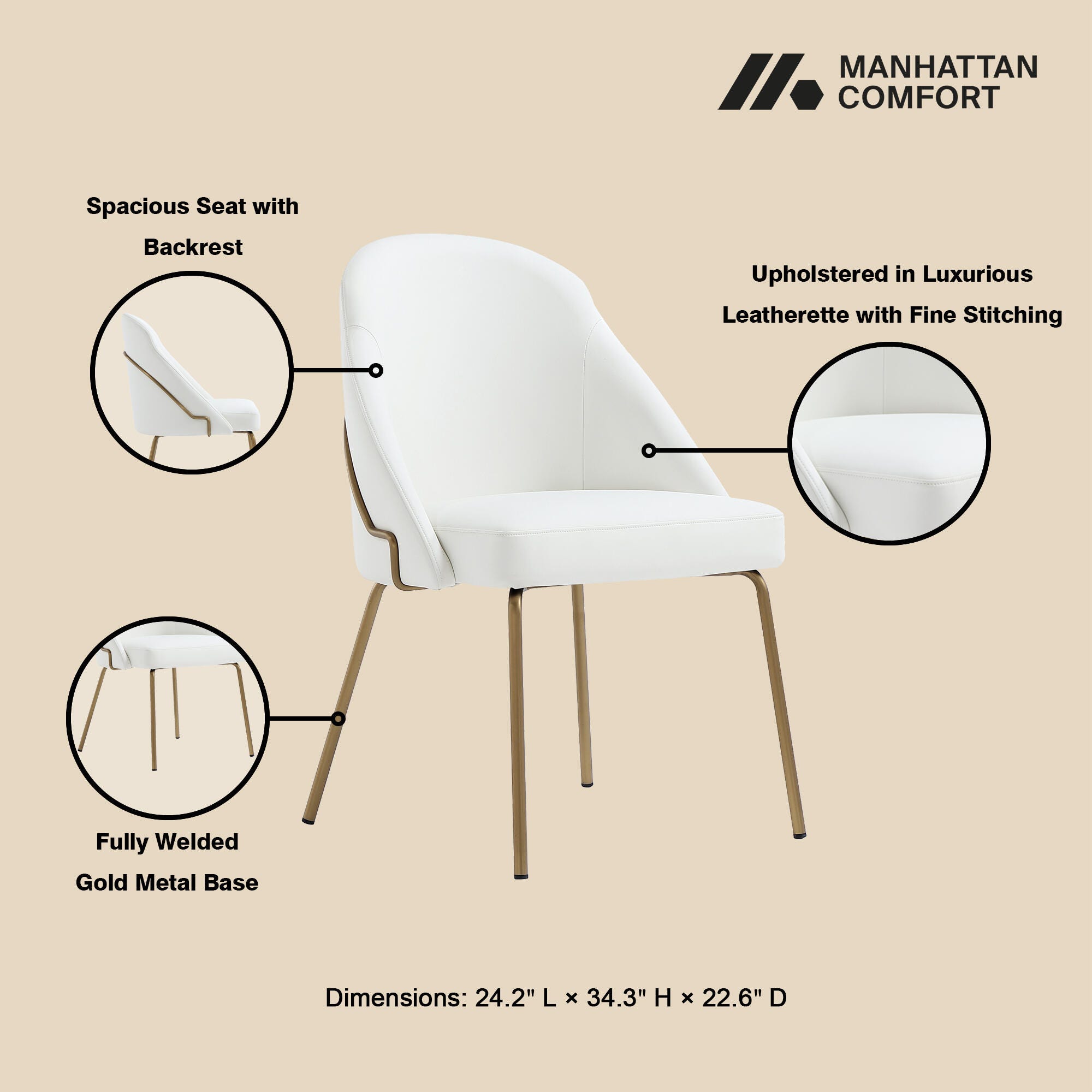 Manhattan Comfort Gracie Dining Chair, White/Gold, large
