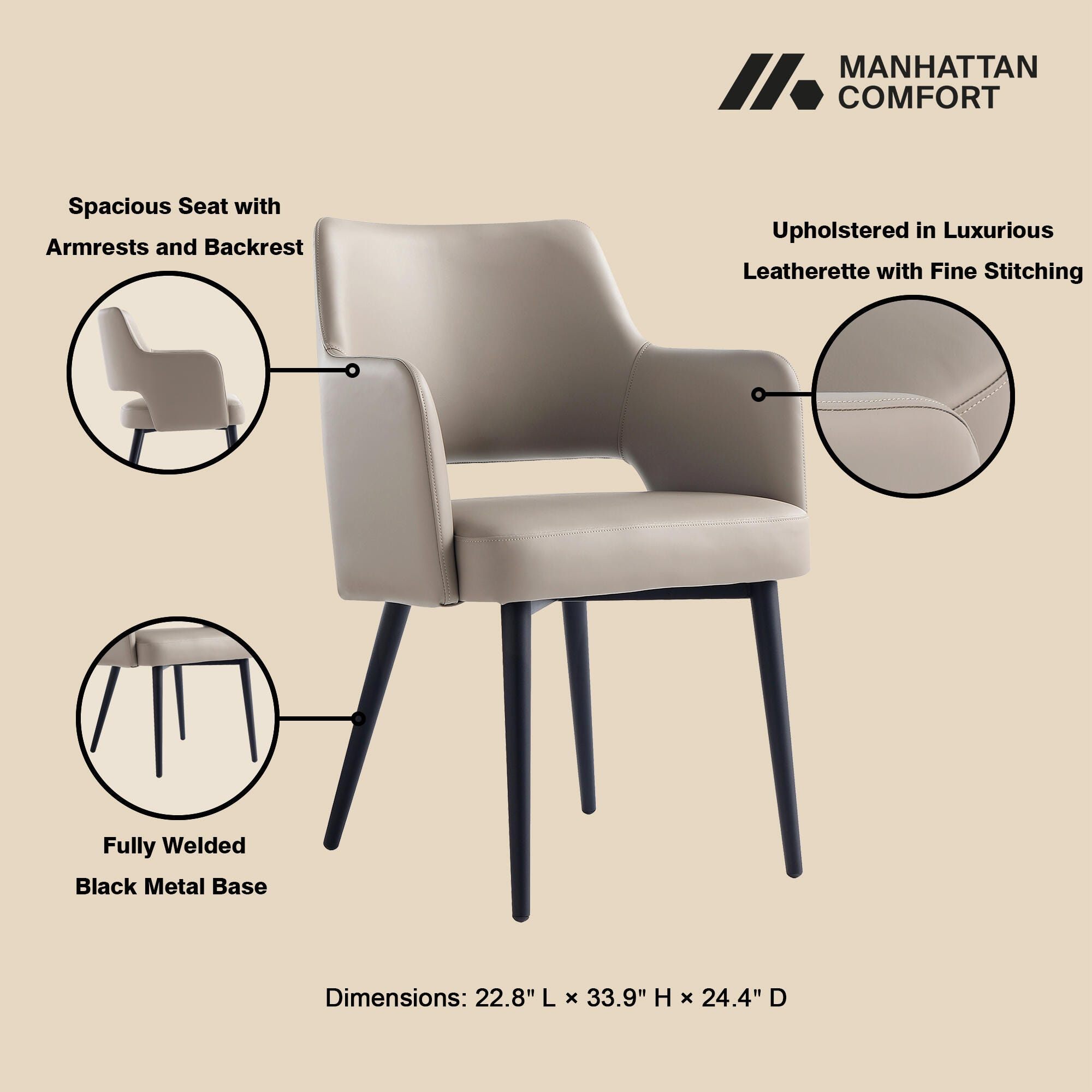 Manhattan Comfort Tremont Dining Arm Chair, Taupe, large