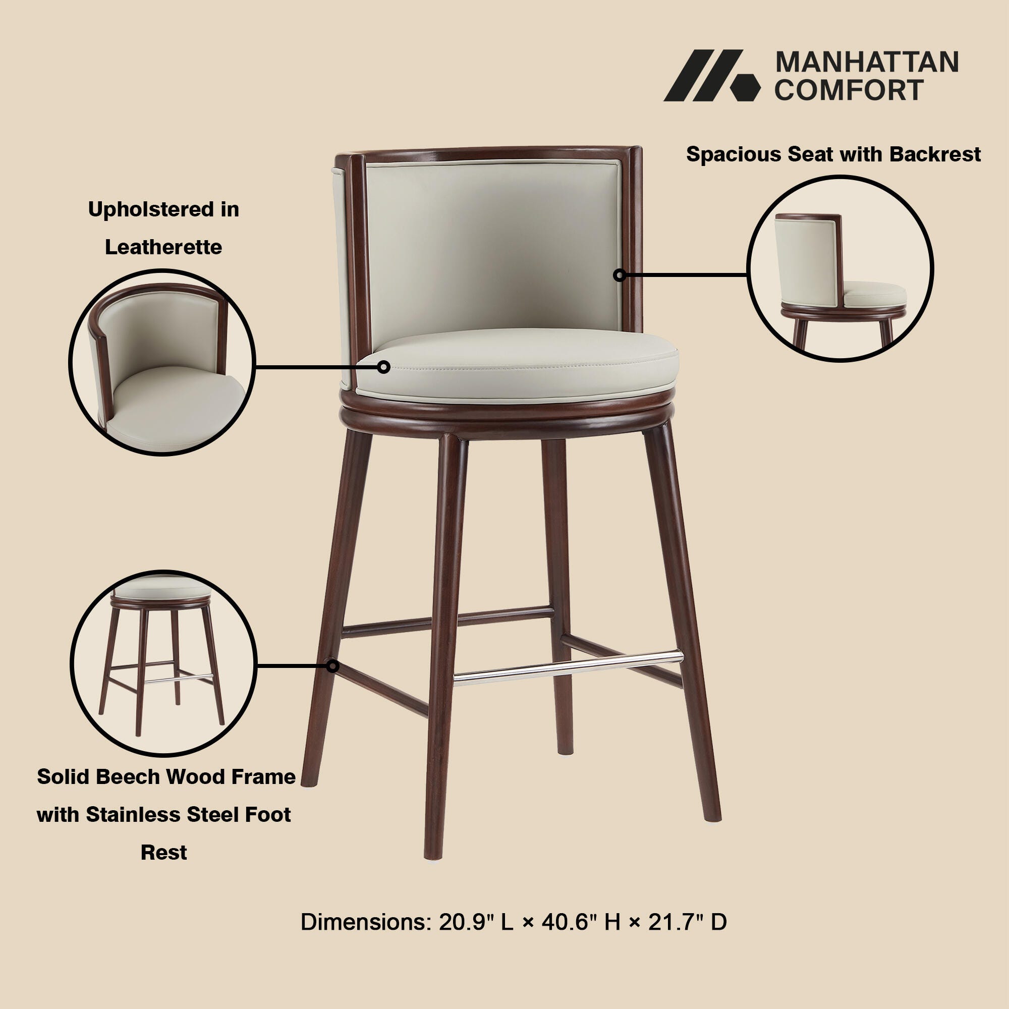 Manhattan Comfort Evalyn Bar Height Bar Stool, Stone, large