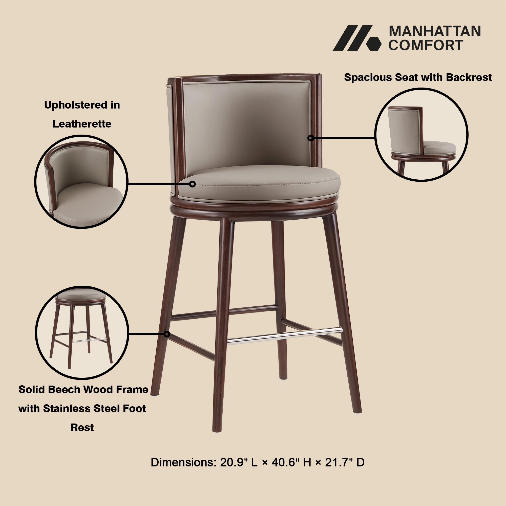 Manhattan Comfort Evalyn Bar Height Bar Stool, Taupe, large