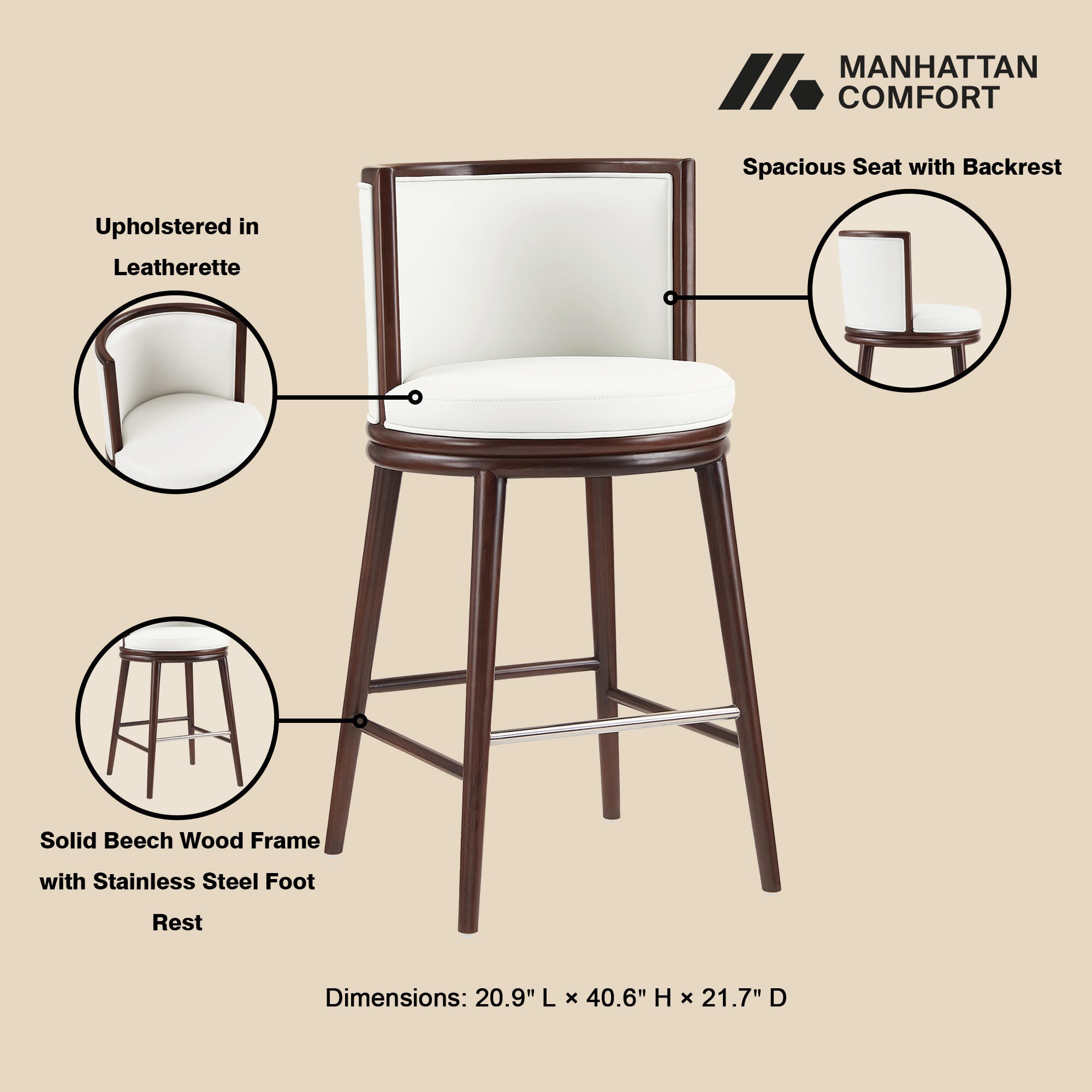 Manhattan Comfort Evalyn Bar Height Bar Stool, White, large