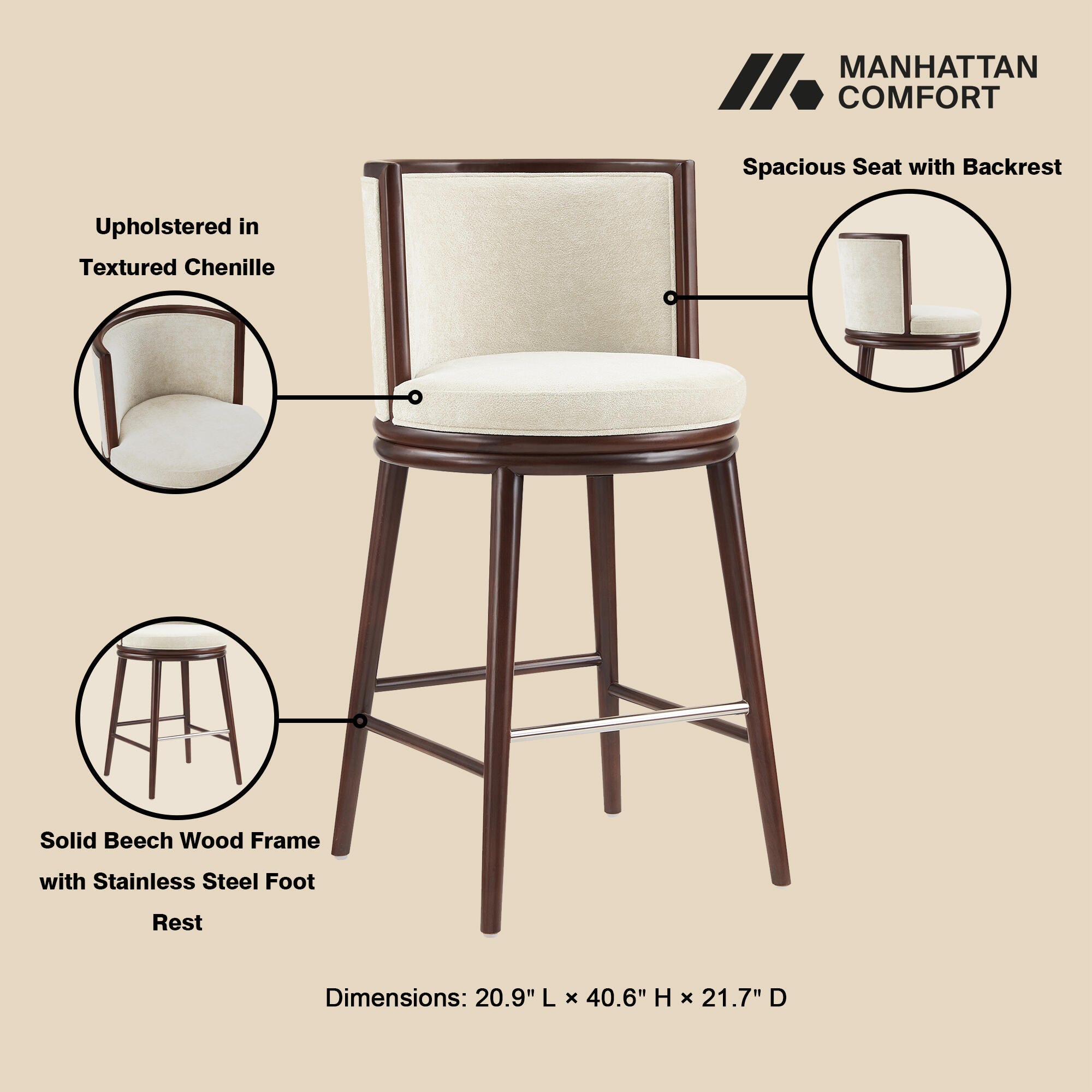 Manhattan Comfort Evalyn Bar Height Bar Stool, Cream, large