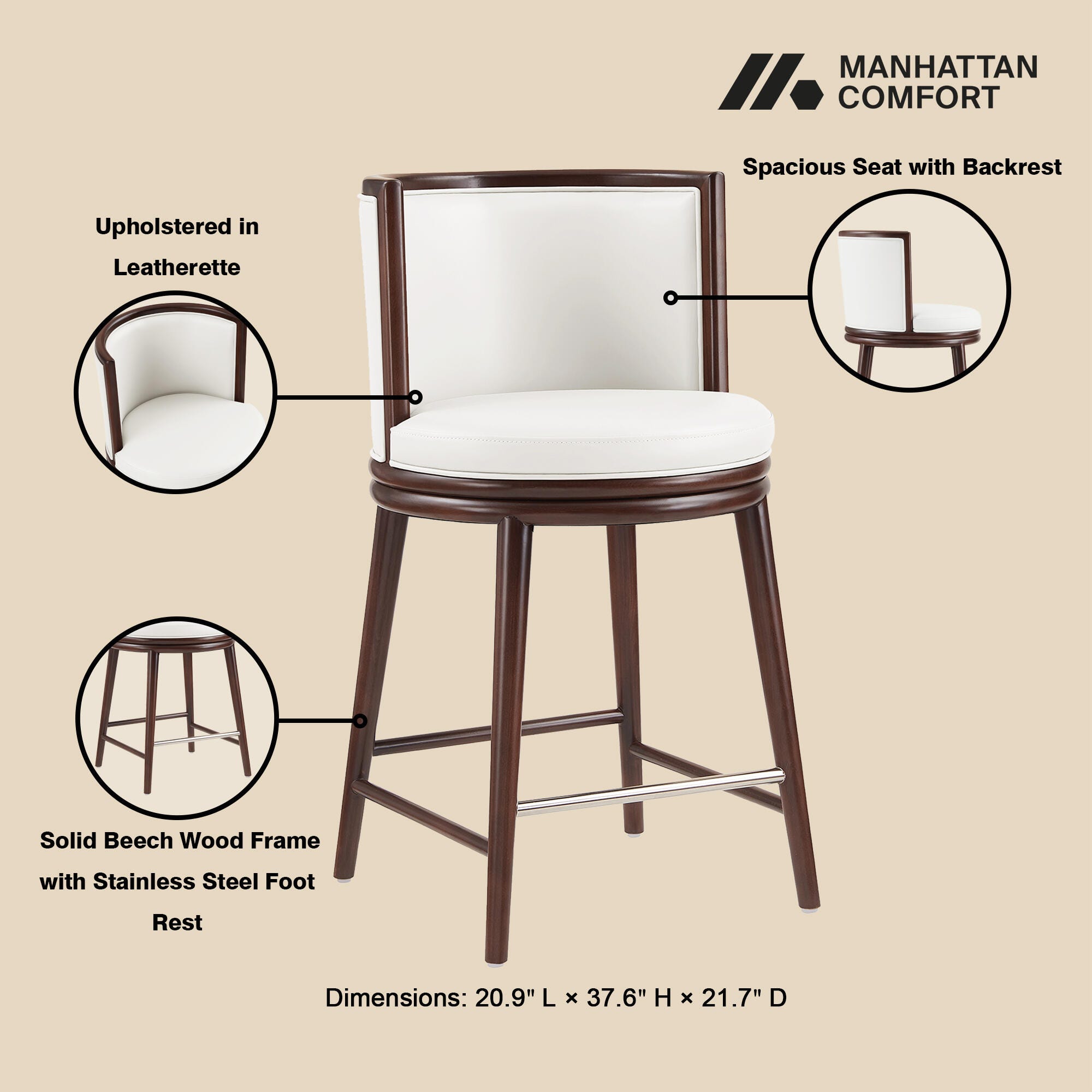 Manhattan Comfort Evalyn Counter Height Bar Stool, White, large