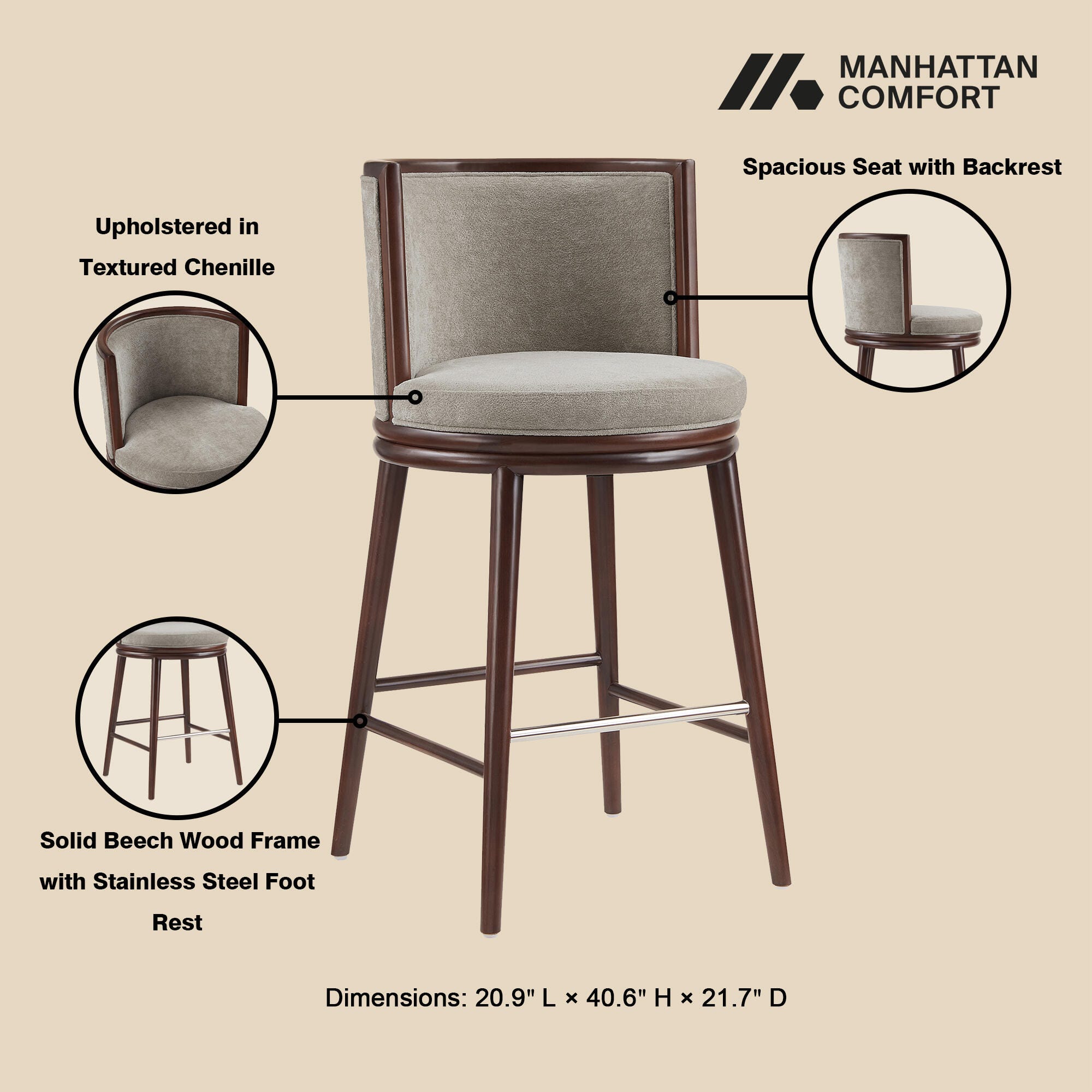 Manhattan Comfort Evalyn Bar Height Bar Stool, Dove, large