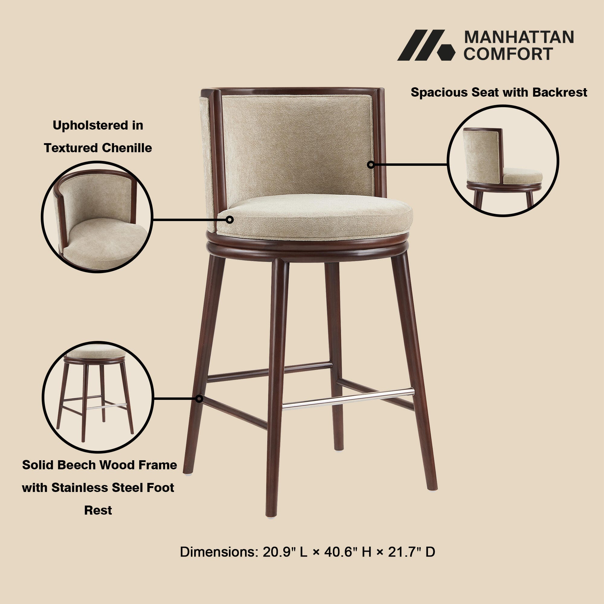 Manhattan Comfort Evalyn Bar Height Bar Stool, Natural, large