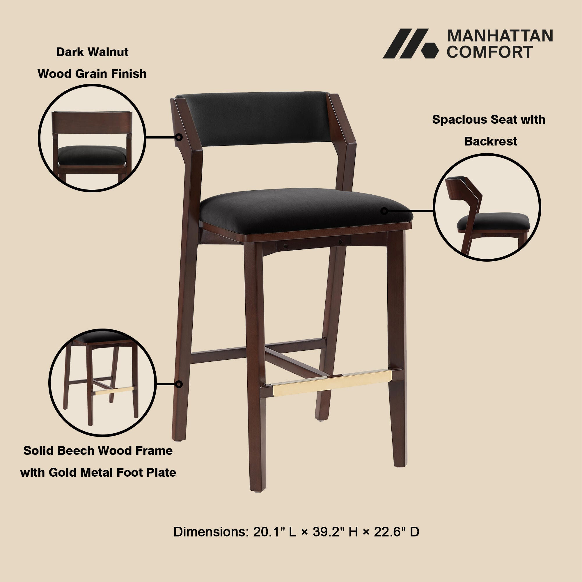 Manhattan Comfort Patricia Bar Height Bar Stool, Black, large