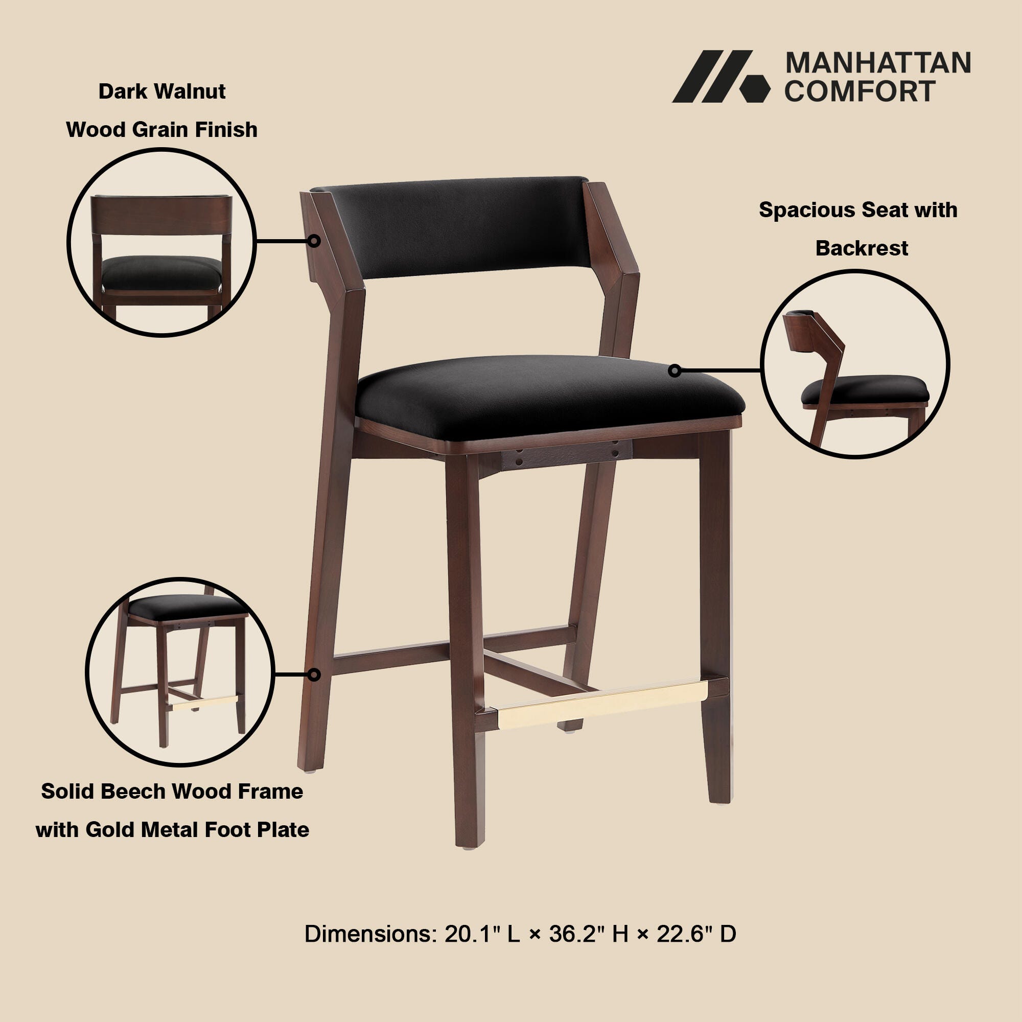 Manhattan Comfort Patricia Counter Height Bar Stool, Black, large