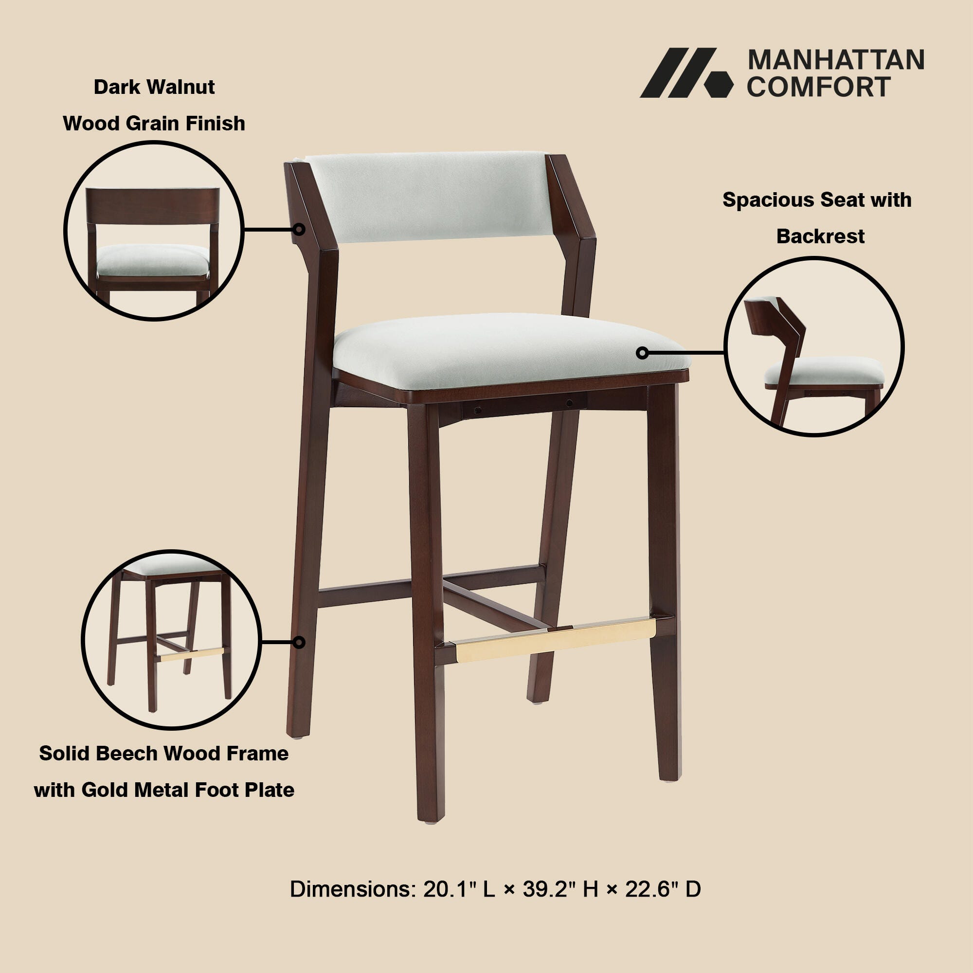 Manhattan Comfort Patricia Bar Height Bar Stool, White Glacier, large