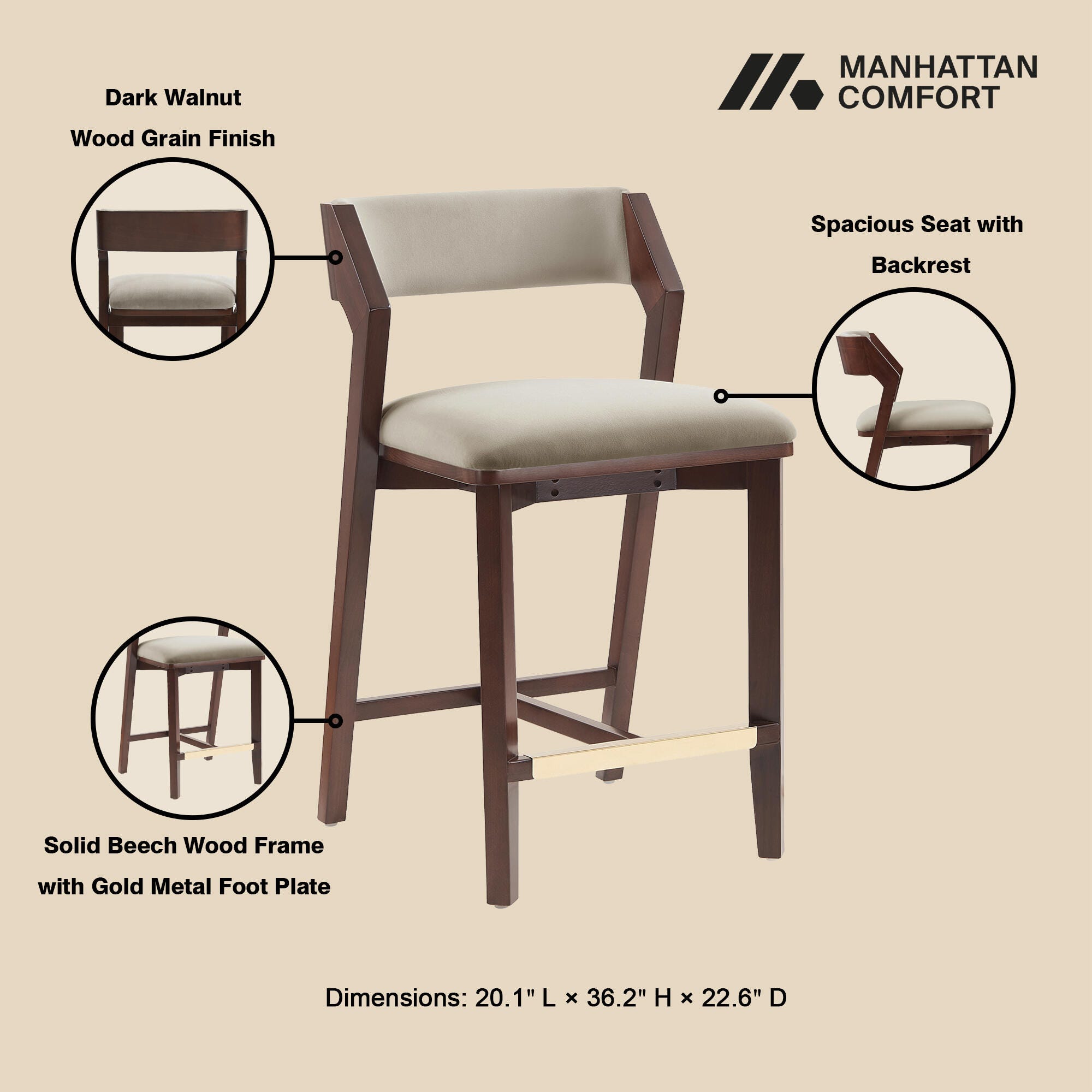 Manhattan Comfort Patricia Counter Height Bar Stool, Linen, large