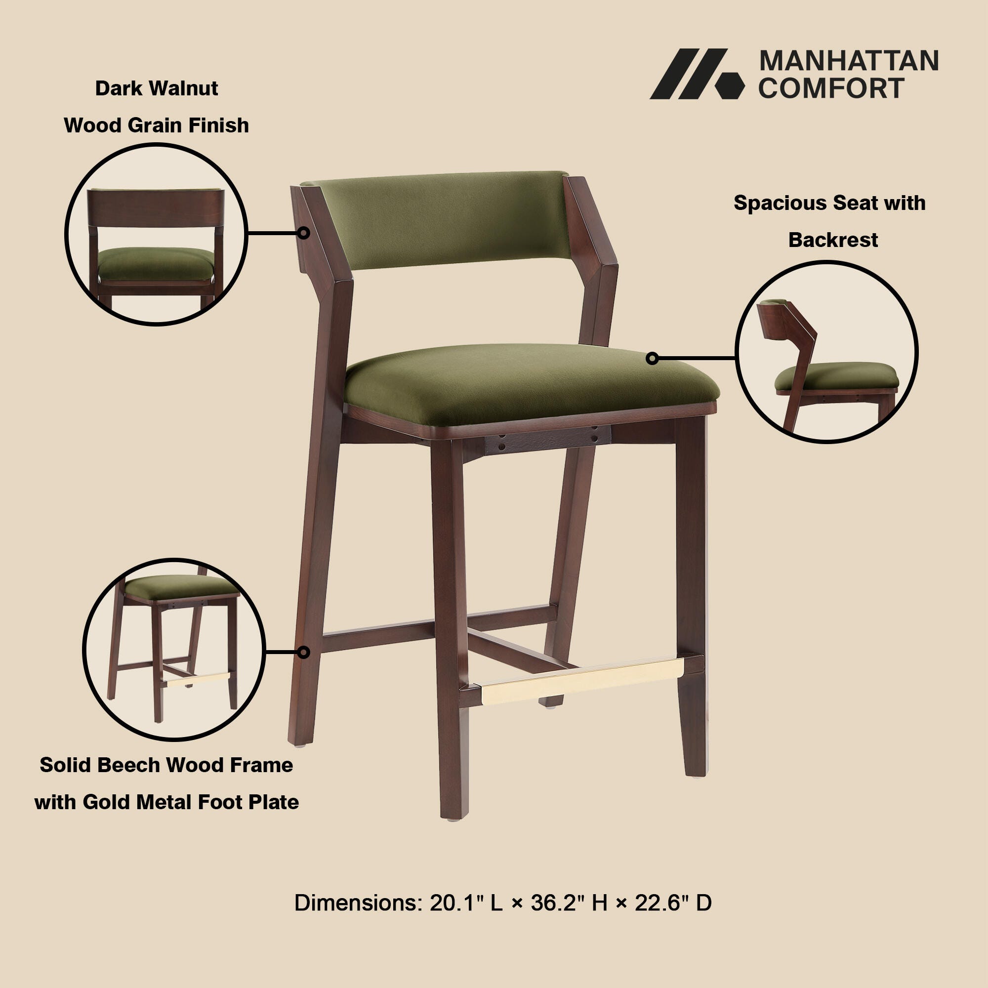 Manhattan Comfort Patricia Counter Height Bar Stool, Turtle Green, large