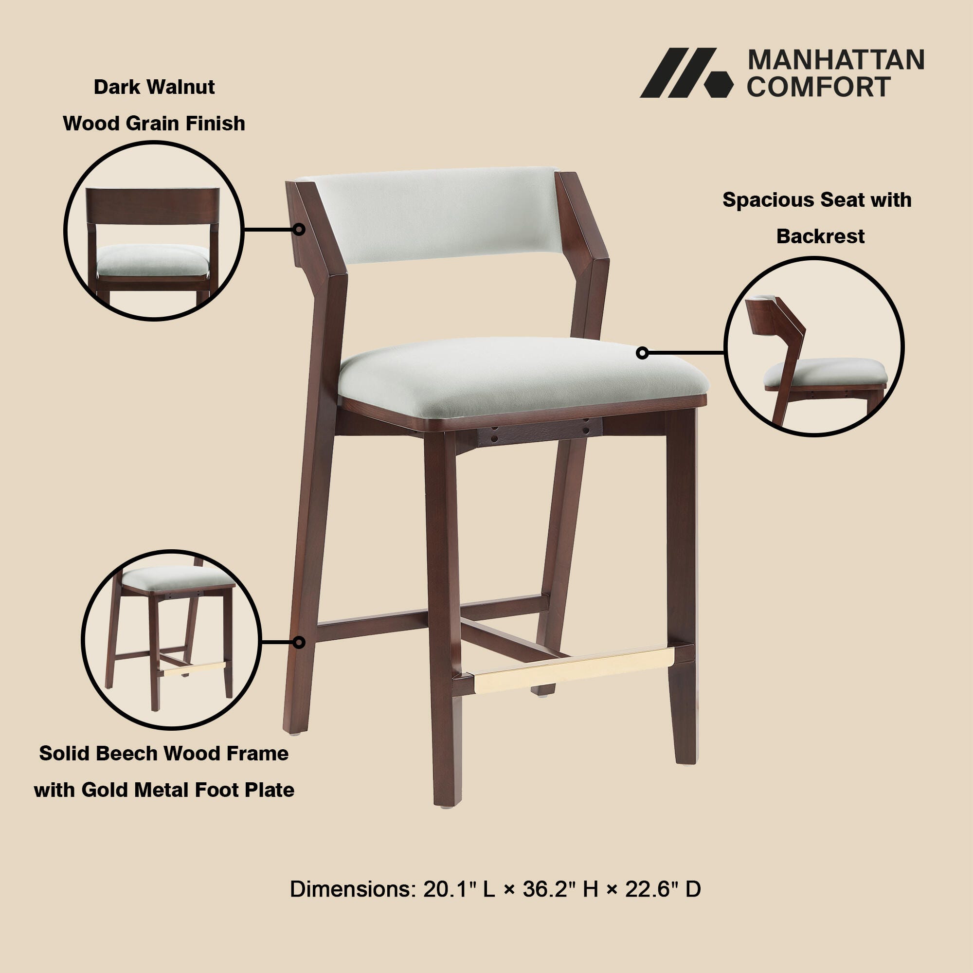 Manhattan Comfort Patricia Counter Height Bar Stool, White Glacier, large
