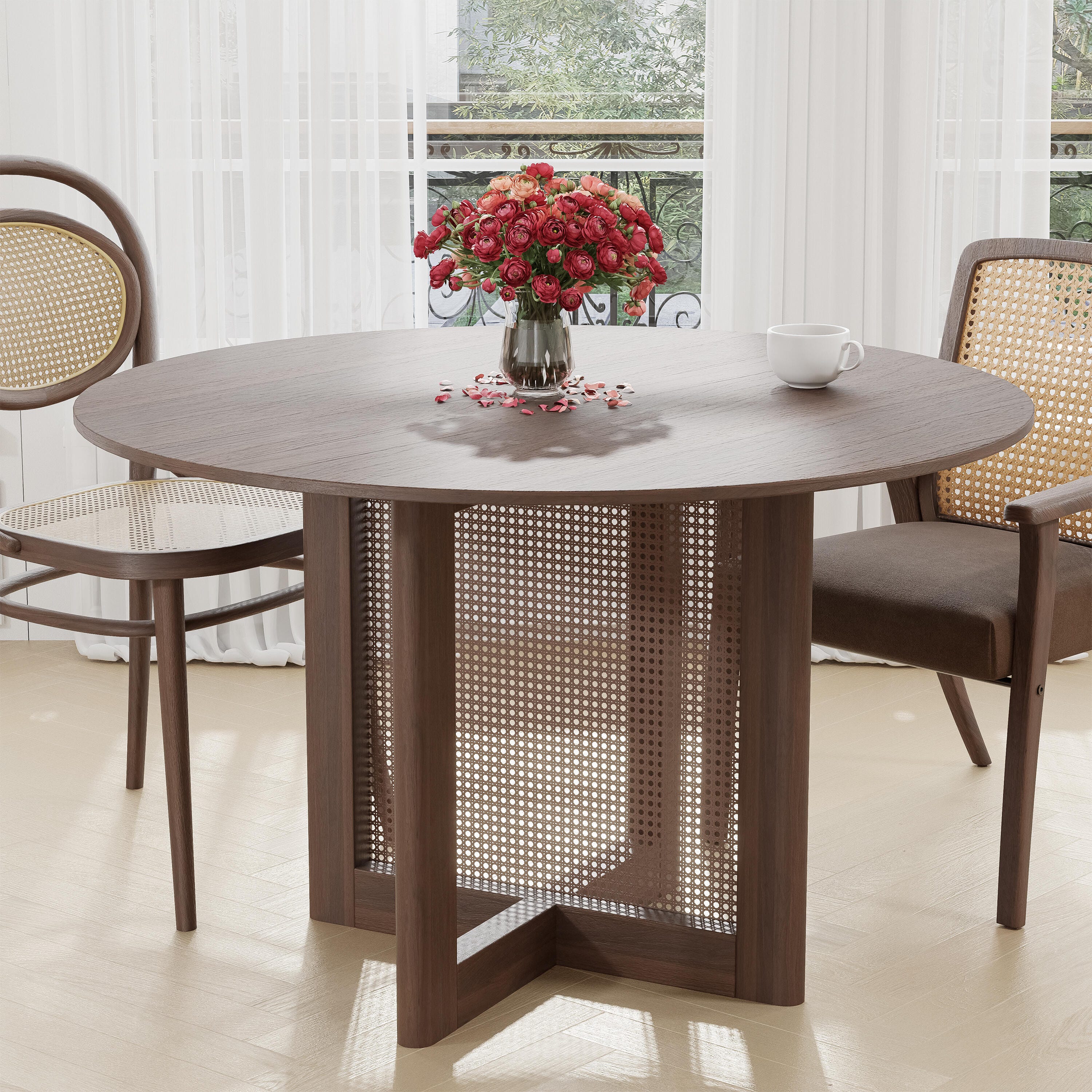 Miruo Mirror Inc Zenyra Round Dining Table, Walnut, large