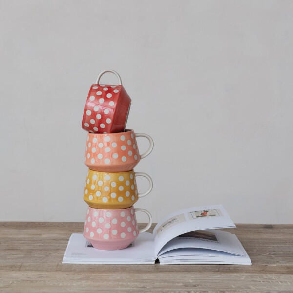 Storied Home Hand Painted Relief Dots Printed Mug Set (Set of 4), , rollover