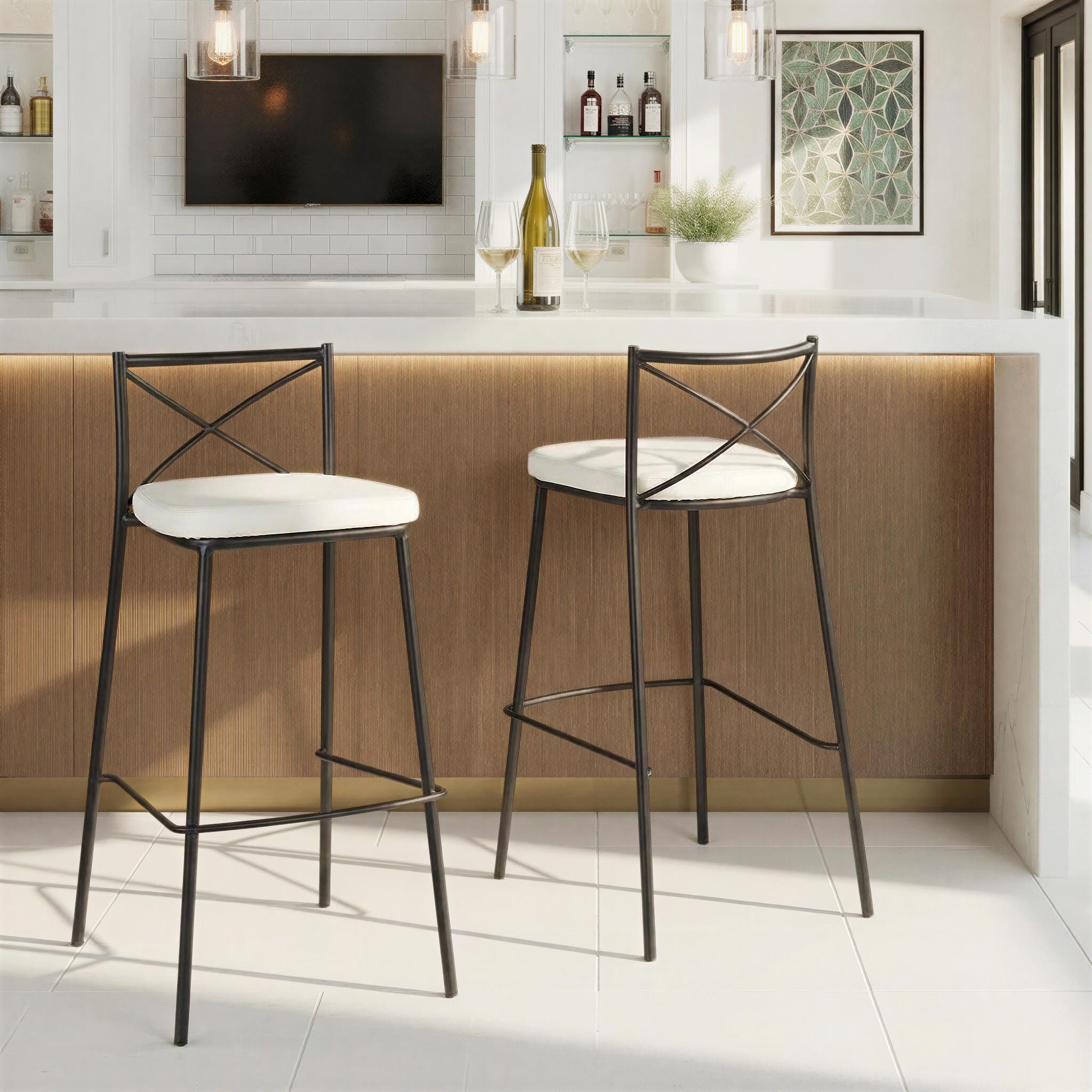LumiSource Charlotte Bar Height Bar Stool (Set of 2), White/Black, rollover