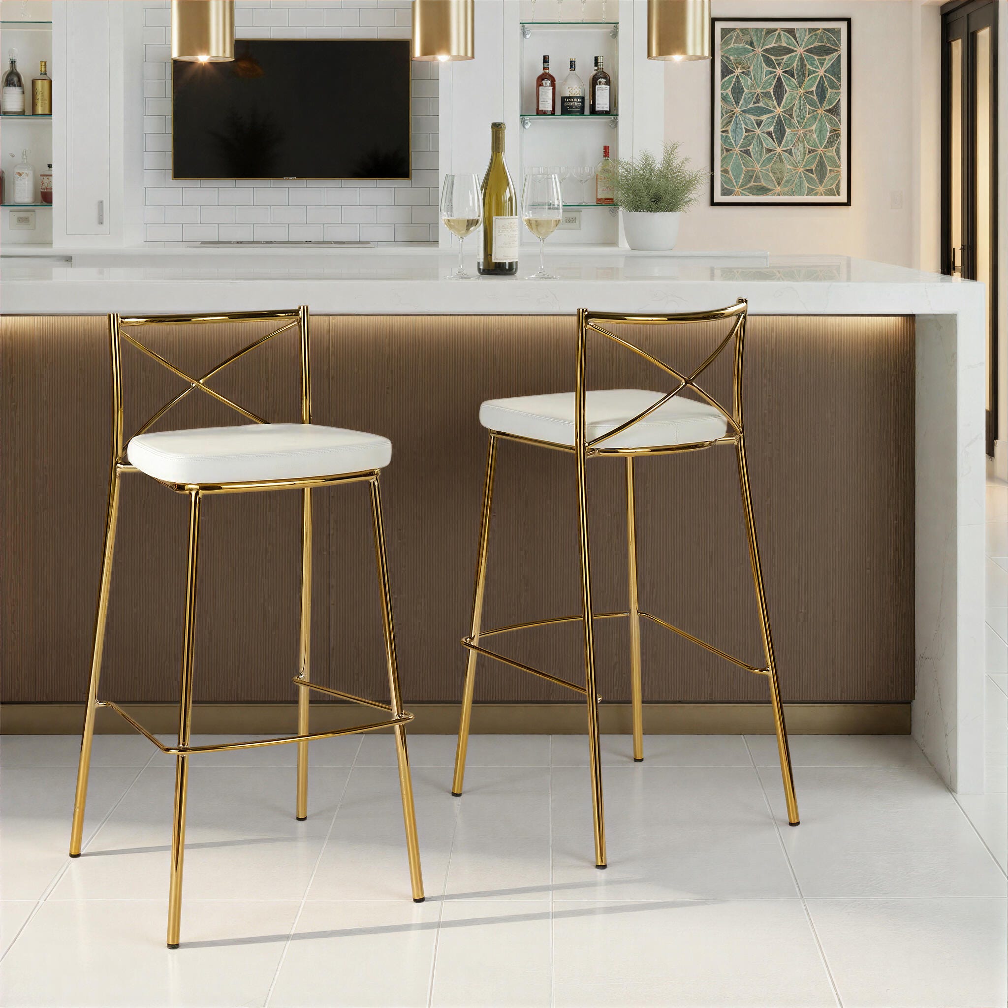 LumiSource Charlotte Bar Height Bar Stool (Set of 2), White/Gold, large