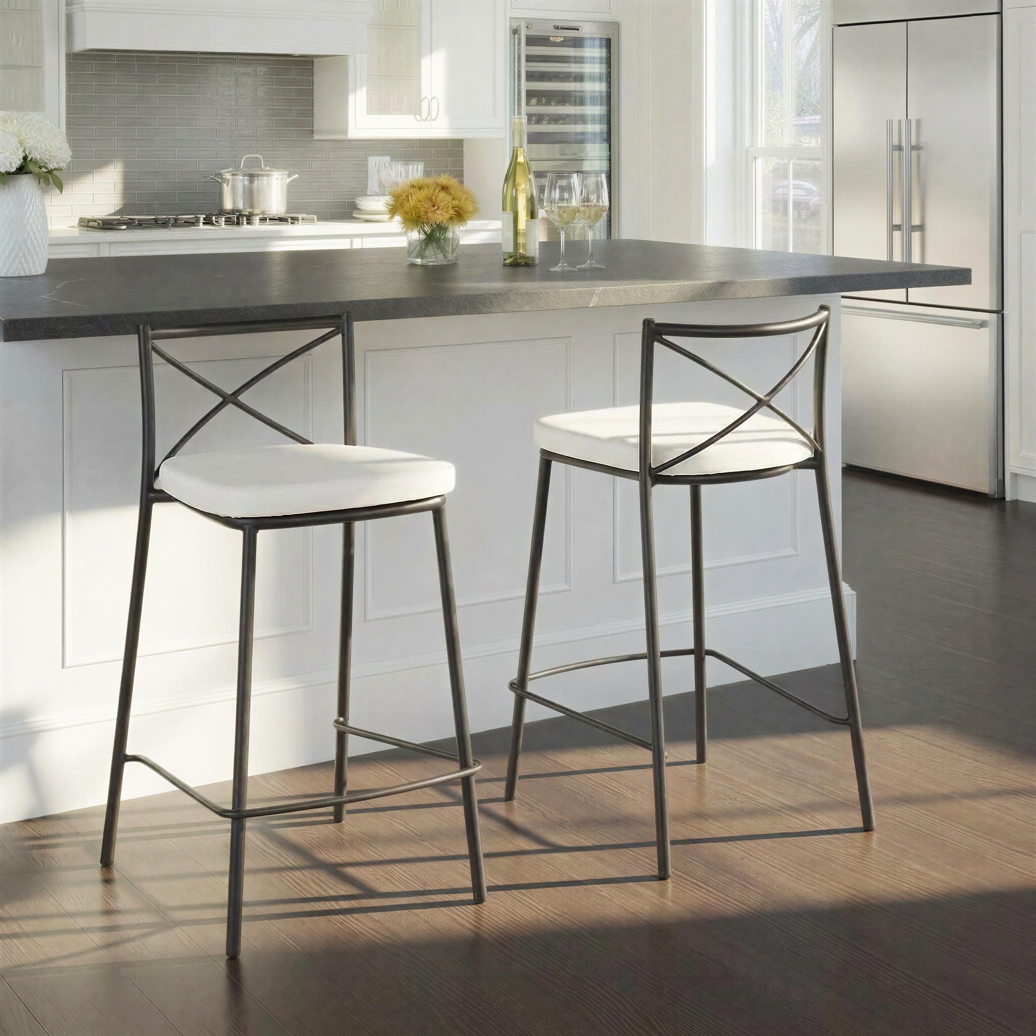 LumiSource Charlotte Counter Height Bar Stool (Set of 2), White/Black, large