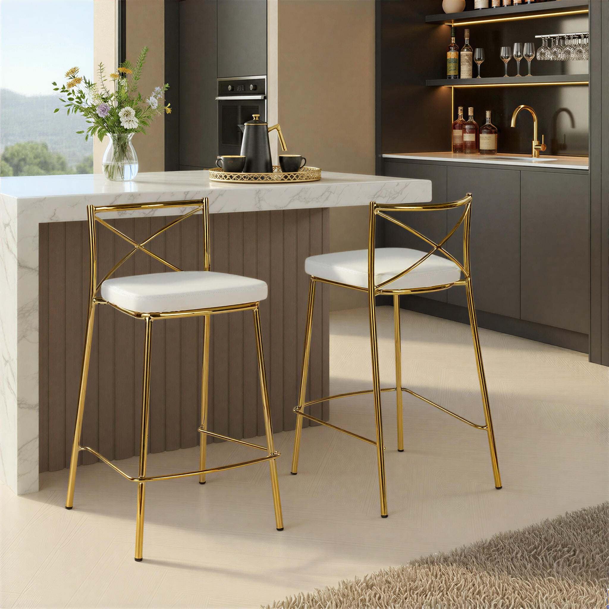 LumiSource Charlotte Counter Height Bar Stool (Set of 2), White/Gold, large