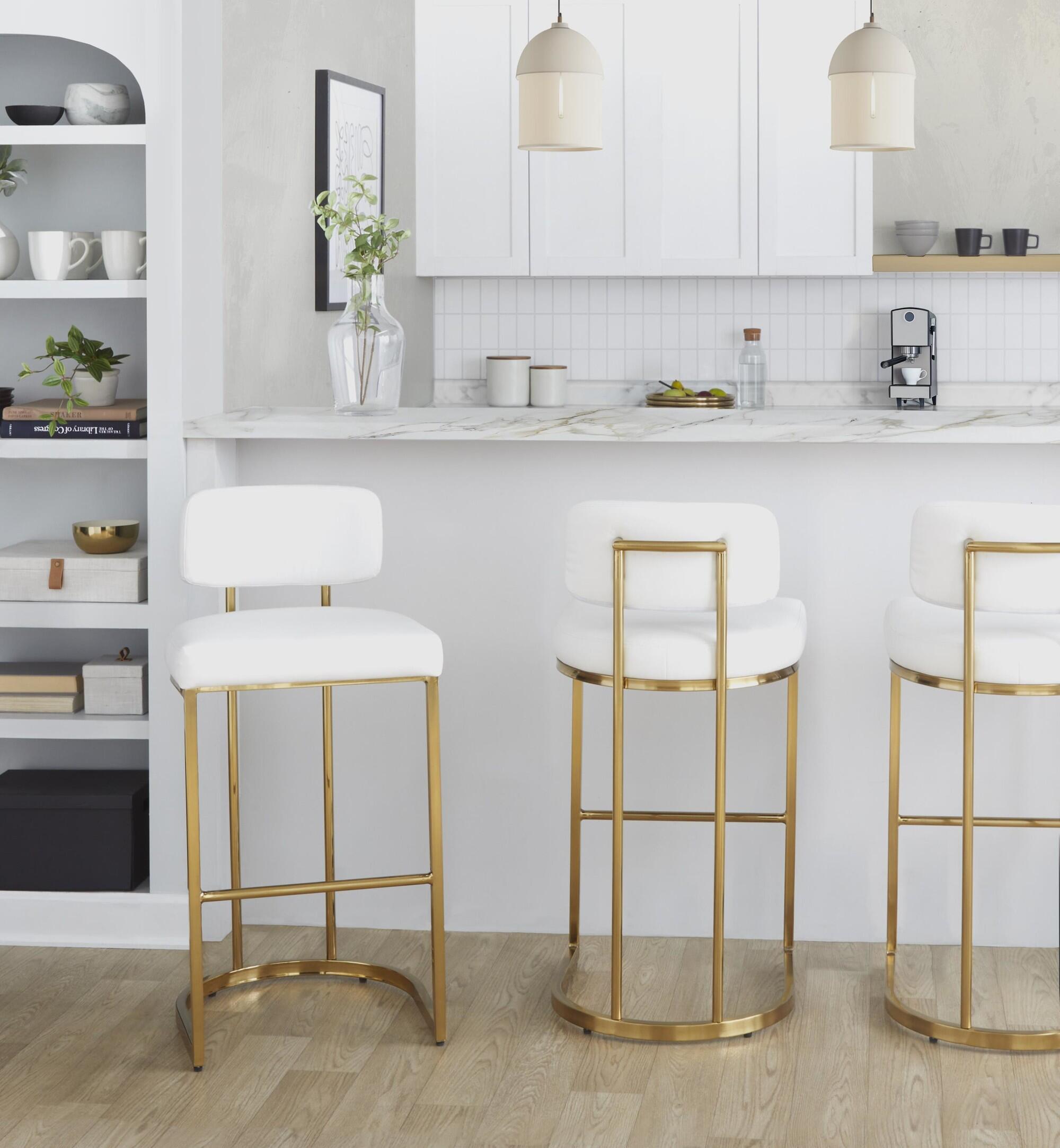 LumiSource Demi Solid Bar Height Bar Stool (Set of 2), White/Gold, rollover