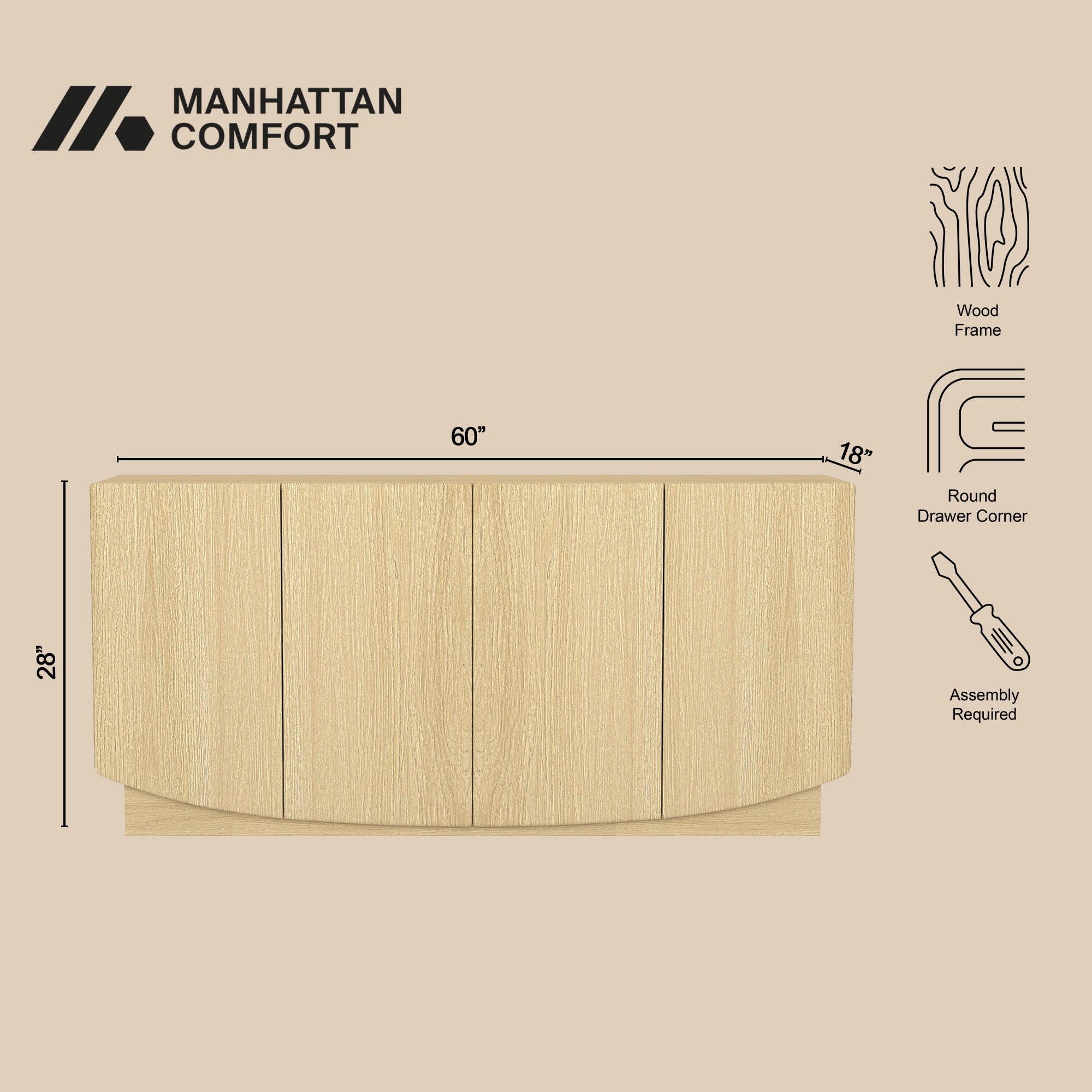 Manhattan Comfort Ardea Sideboard, Natural Oak, large